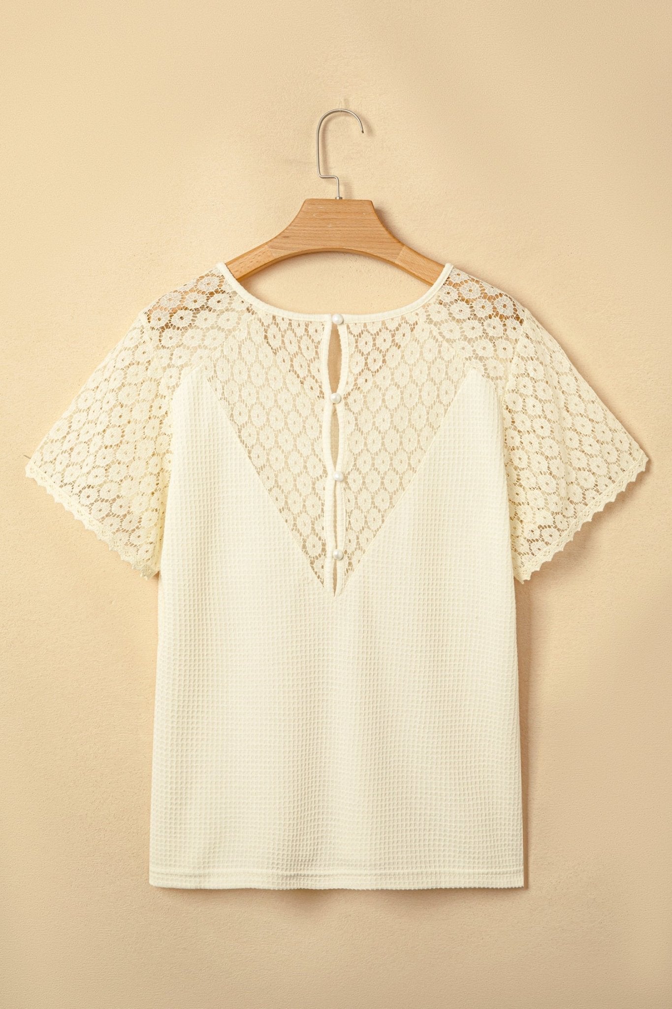 Lace Patchwork Buttoned Cutout Waffle Knit Blouse - Rooted & Reckless Co.