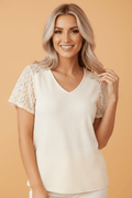 Lace Patchwork Buttoned Cutout Waffle Knit Blouse - Rooted & Reckless Co.