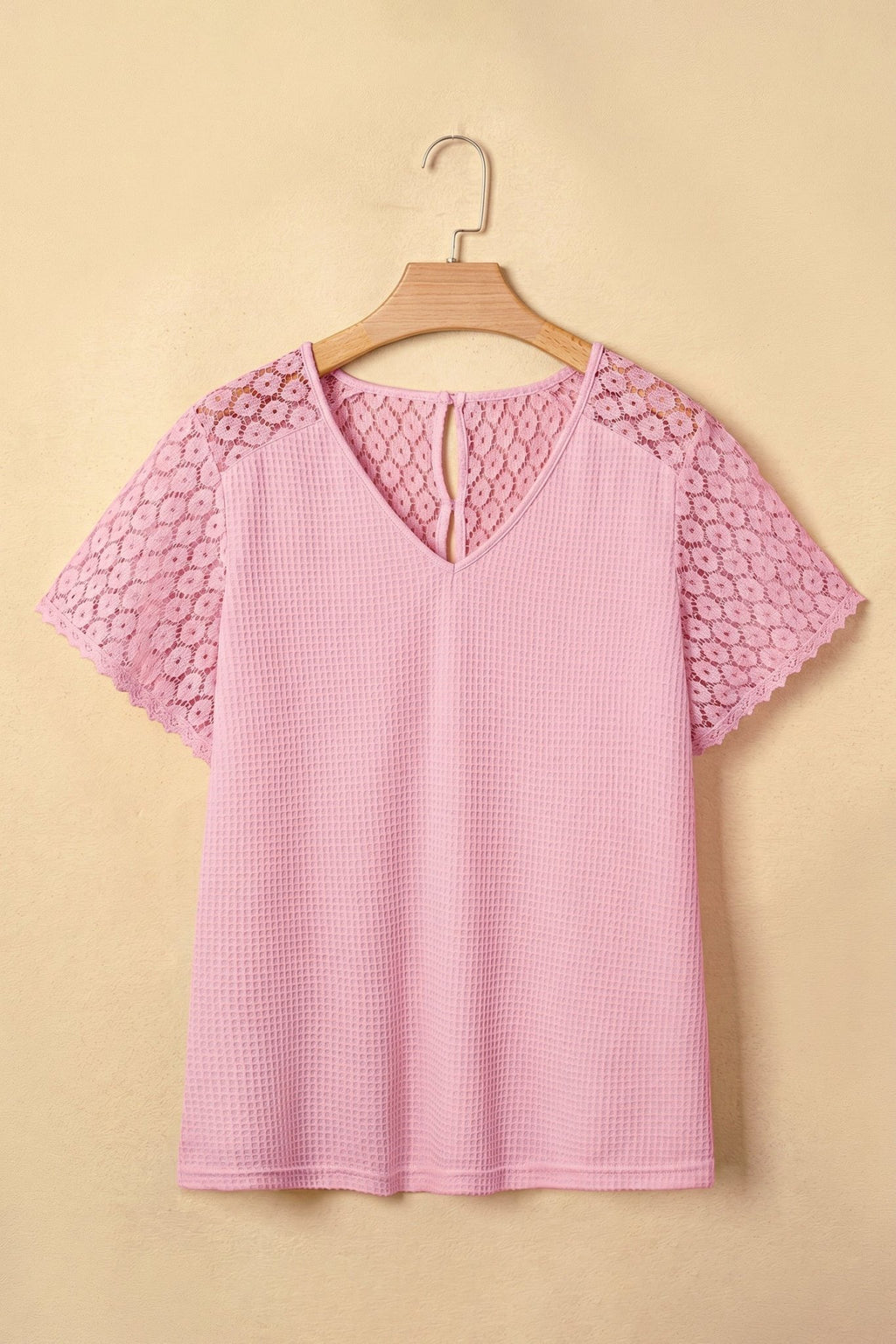 Lace Patchwork Buttoned Cutout Waffle Knit Blouse - Rooted & Reckless Co.