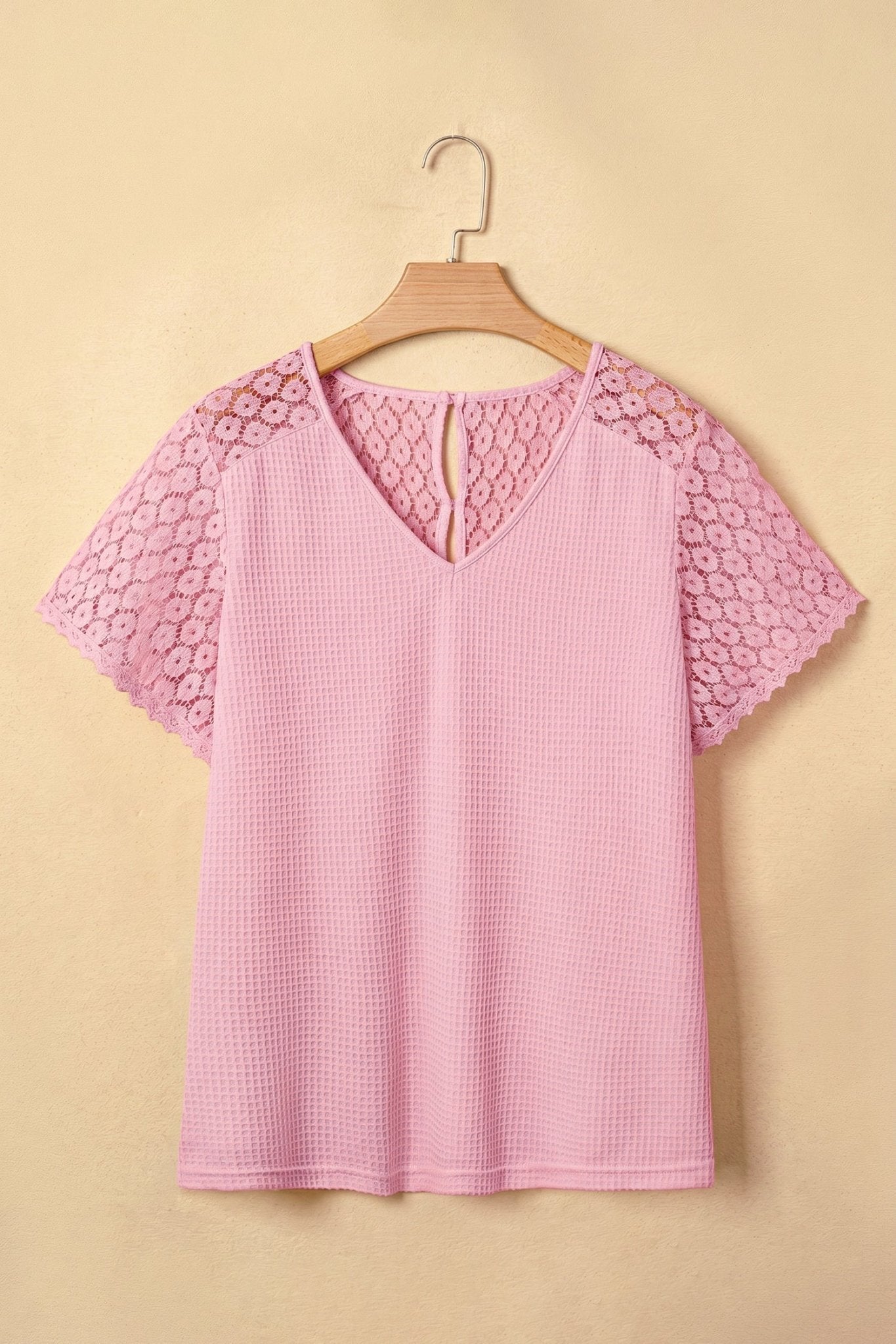 Lace Patchwork Buttoned Cutout Waffle Knit Blouse - Rooted & Reckless Co.