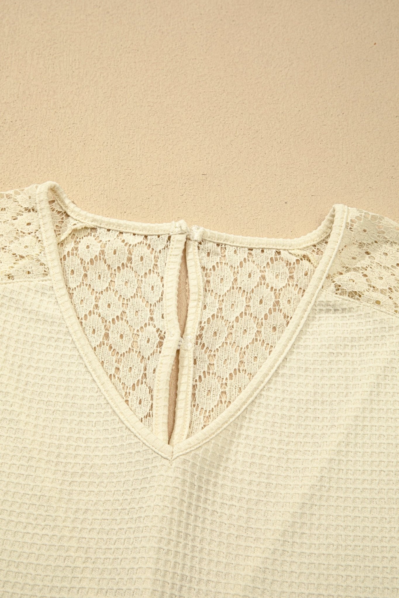 Lace Patchwork Buttoned Cutout Waffle Knit Blouse - Rooted & Reckless Co.