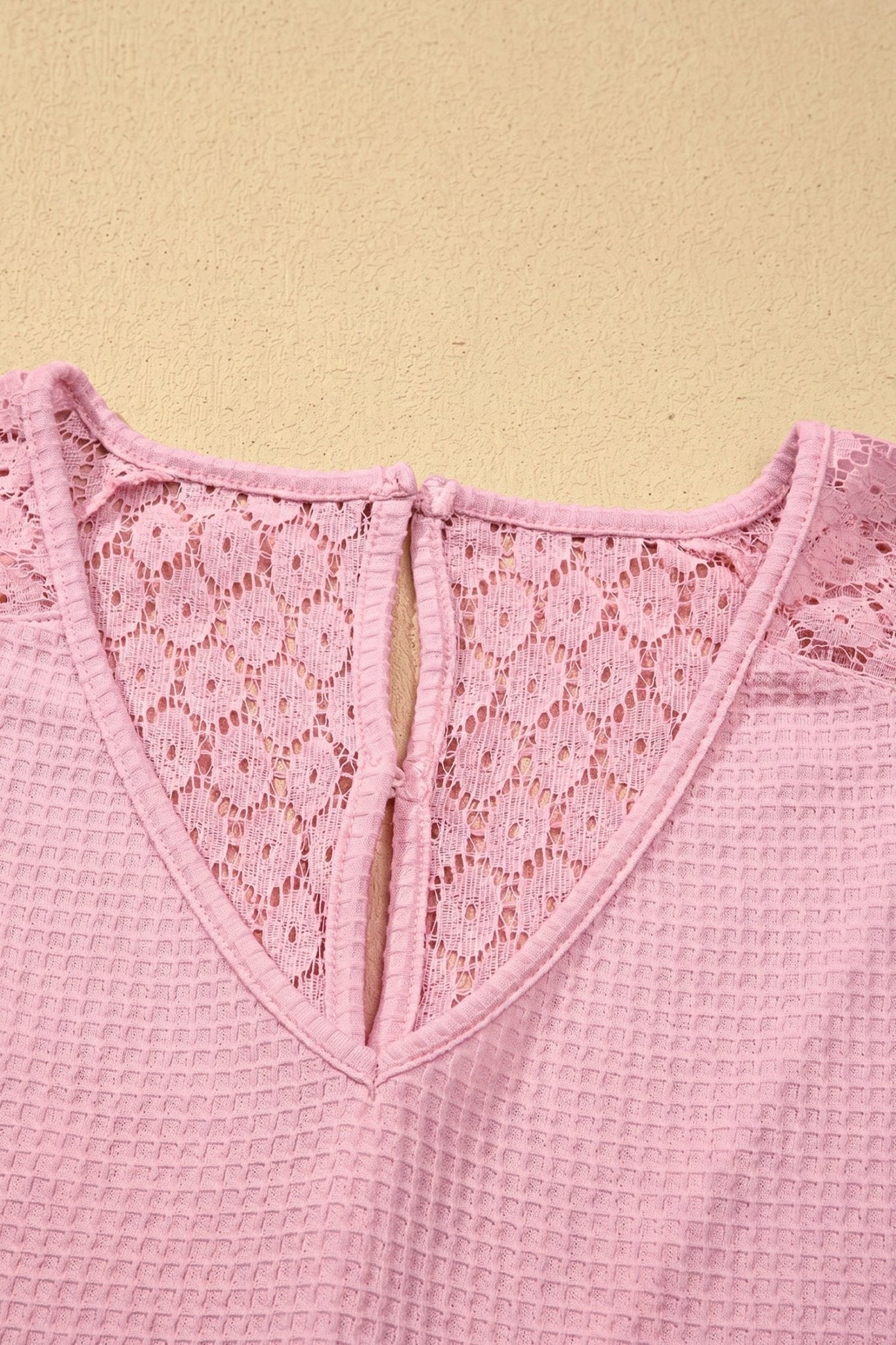 Lace Patchwork Buttoned Cutout Waffle Knit Blouse - Rooted & Reckless Co.