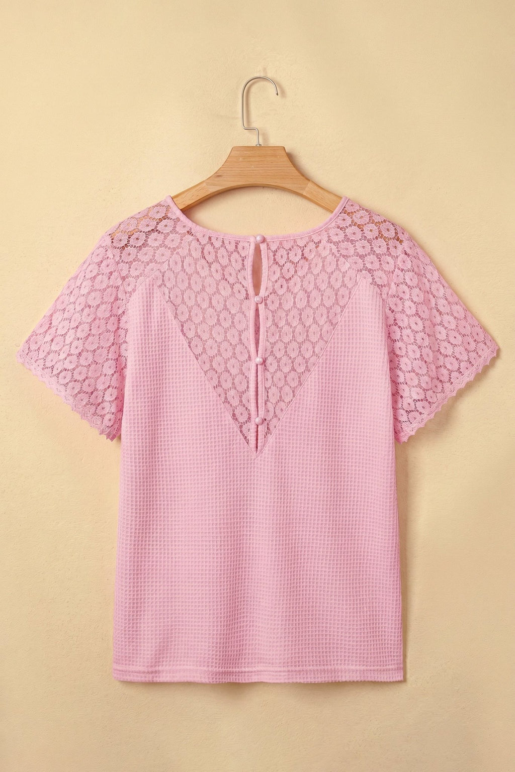 Lace Patchwork Buttoned Cutout Waffle Knit Blouse - Rooted & Reckless Co.