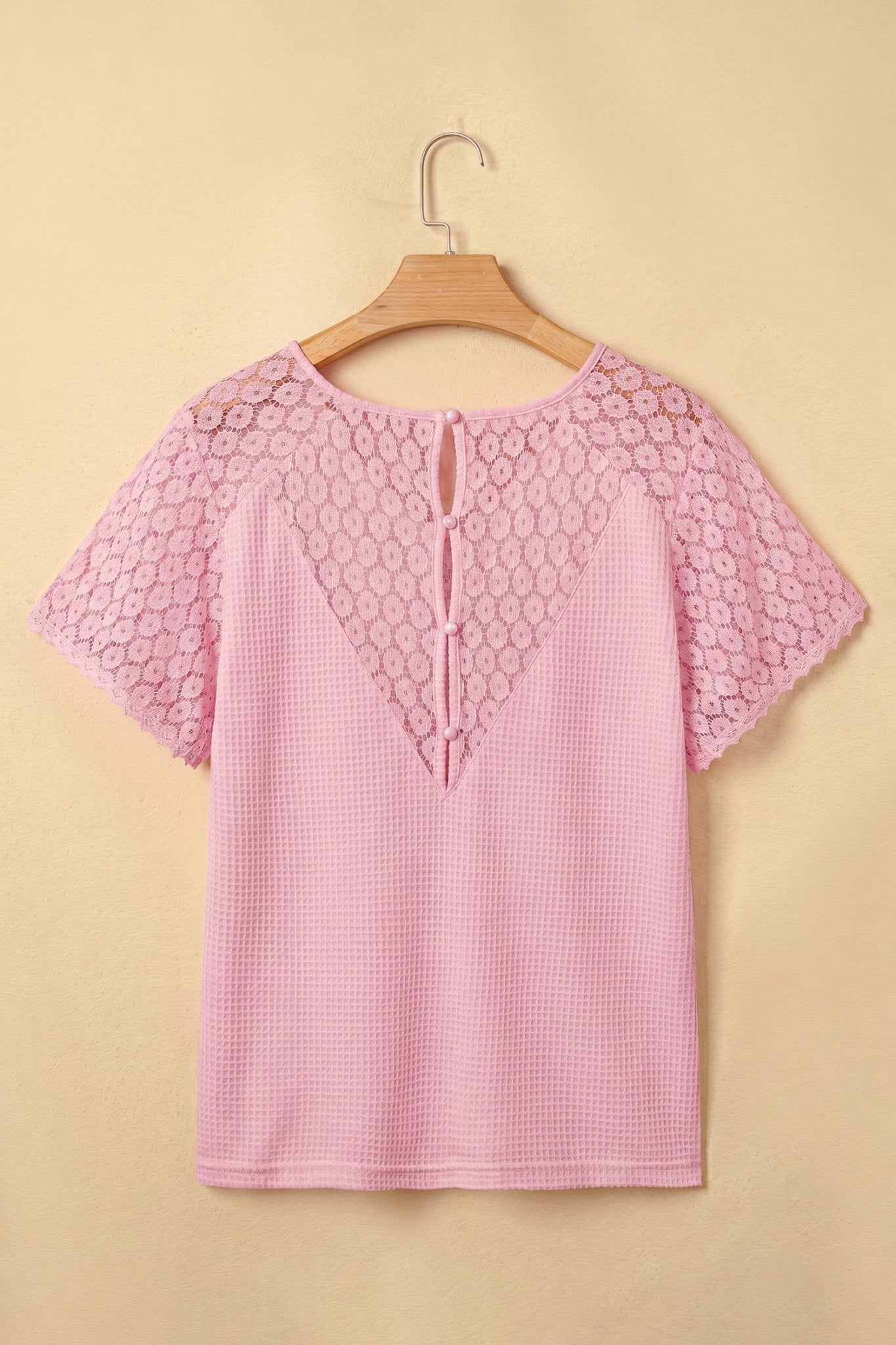 Lace Patchwork Buttoned Cutout Waffle Knit Blouse - Rooted & Reckless Co.