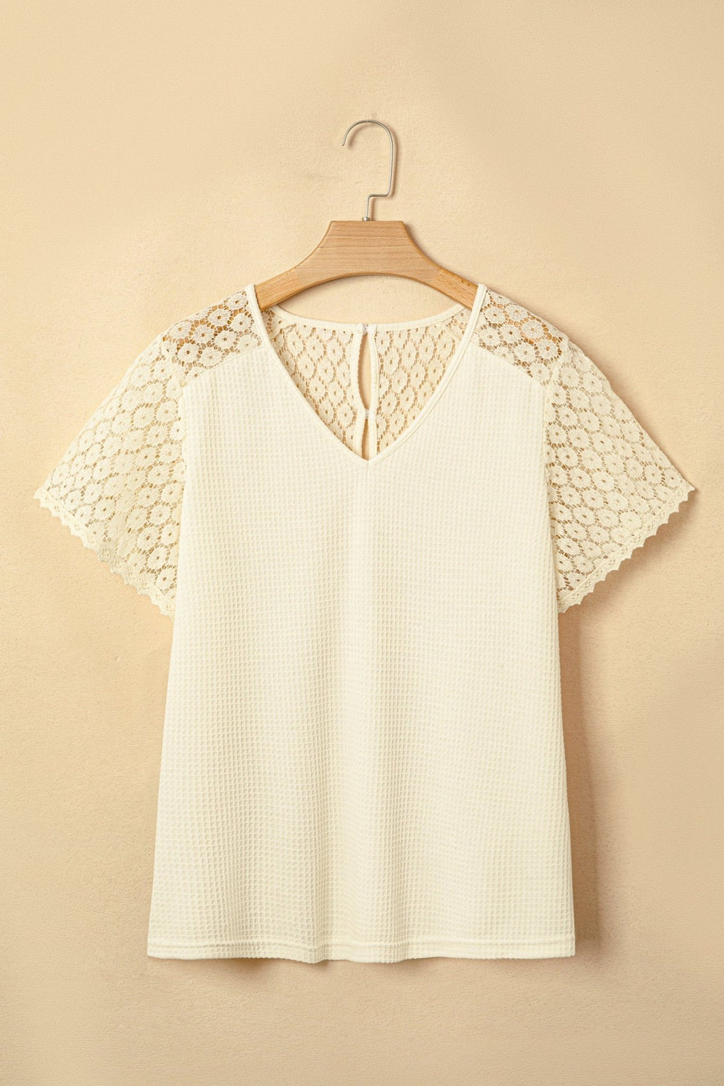 Lace Patchwork Buttoned Cutout Waffle Knit Blouse - Rooted & Reckless Co.