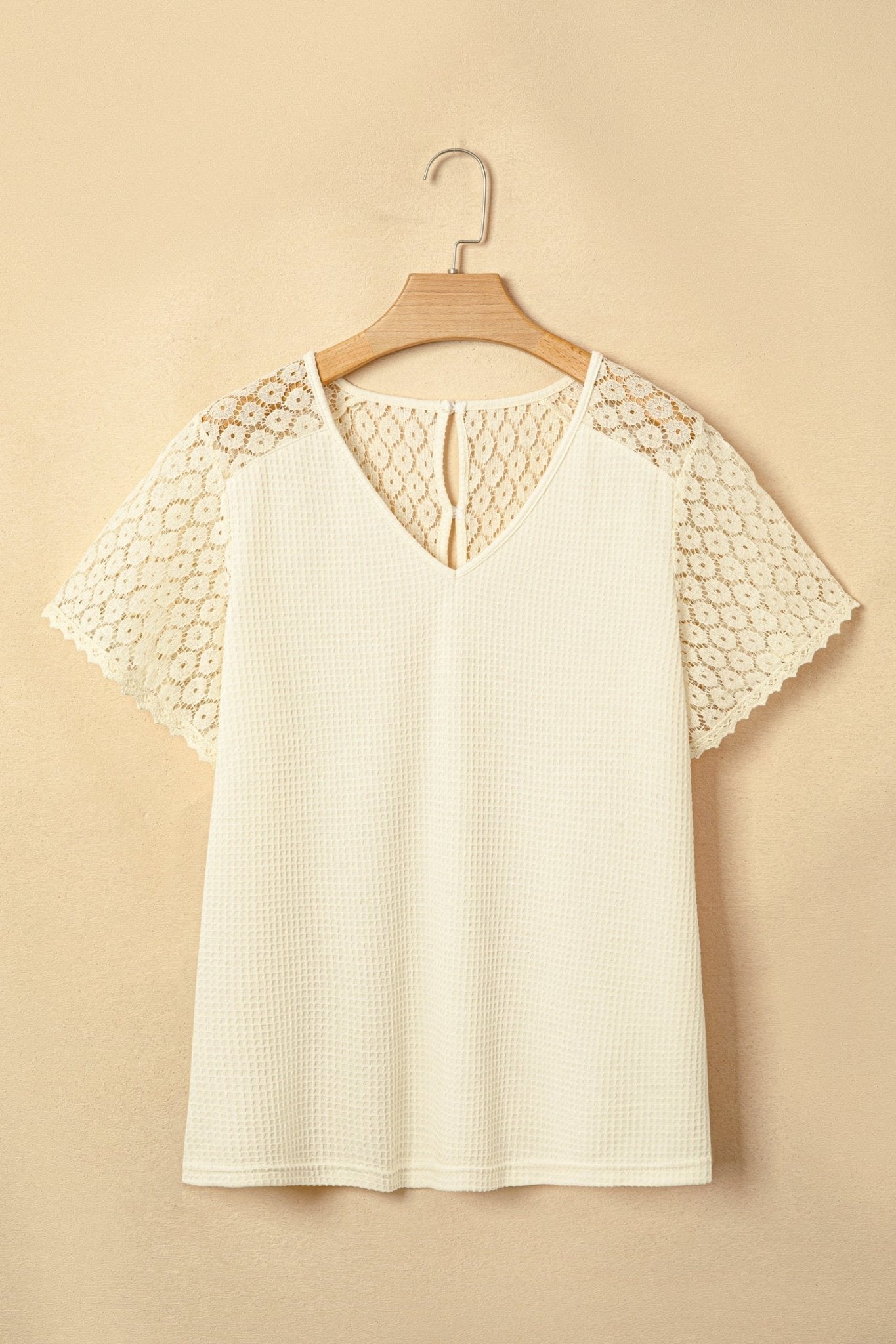 Lace Patchwork Buttoned Cutout Waffle Knit Blouse - Rooted & Reckless Co.
