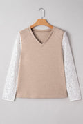Lace Patchwork Long Sleeve V-Neck Top - Rooted & Reckless Co.