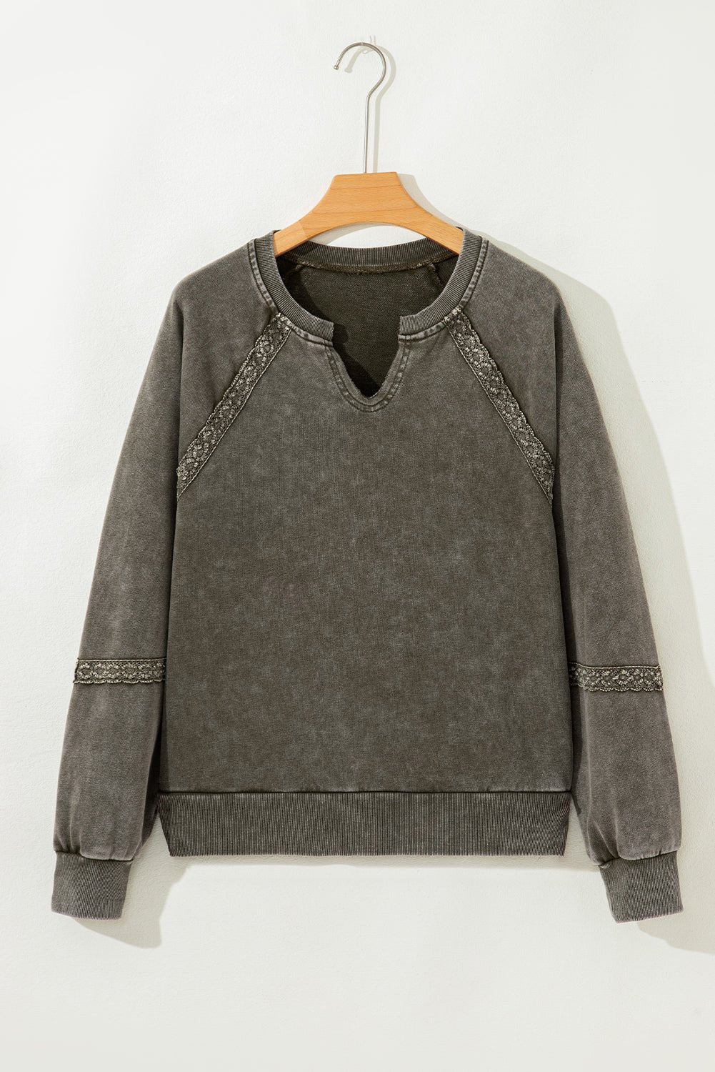 Lace Patchwork Mineral Wash Notched Neck Sweatshirt - Rooted & Reckless Co.