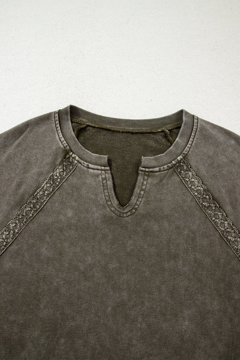 Lace Patchwork Mineral Wash Notched Neck Sweatshirt - Rooted & Reckless Co.