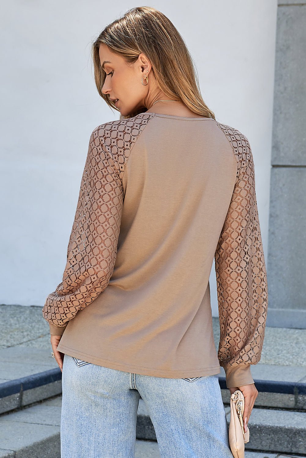 Lace Patchwork Raglan Sleeve Pleated Top - Rooted & Reckless Co.