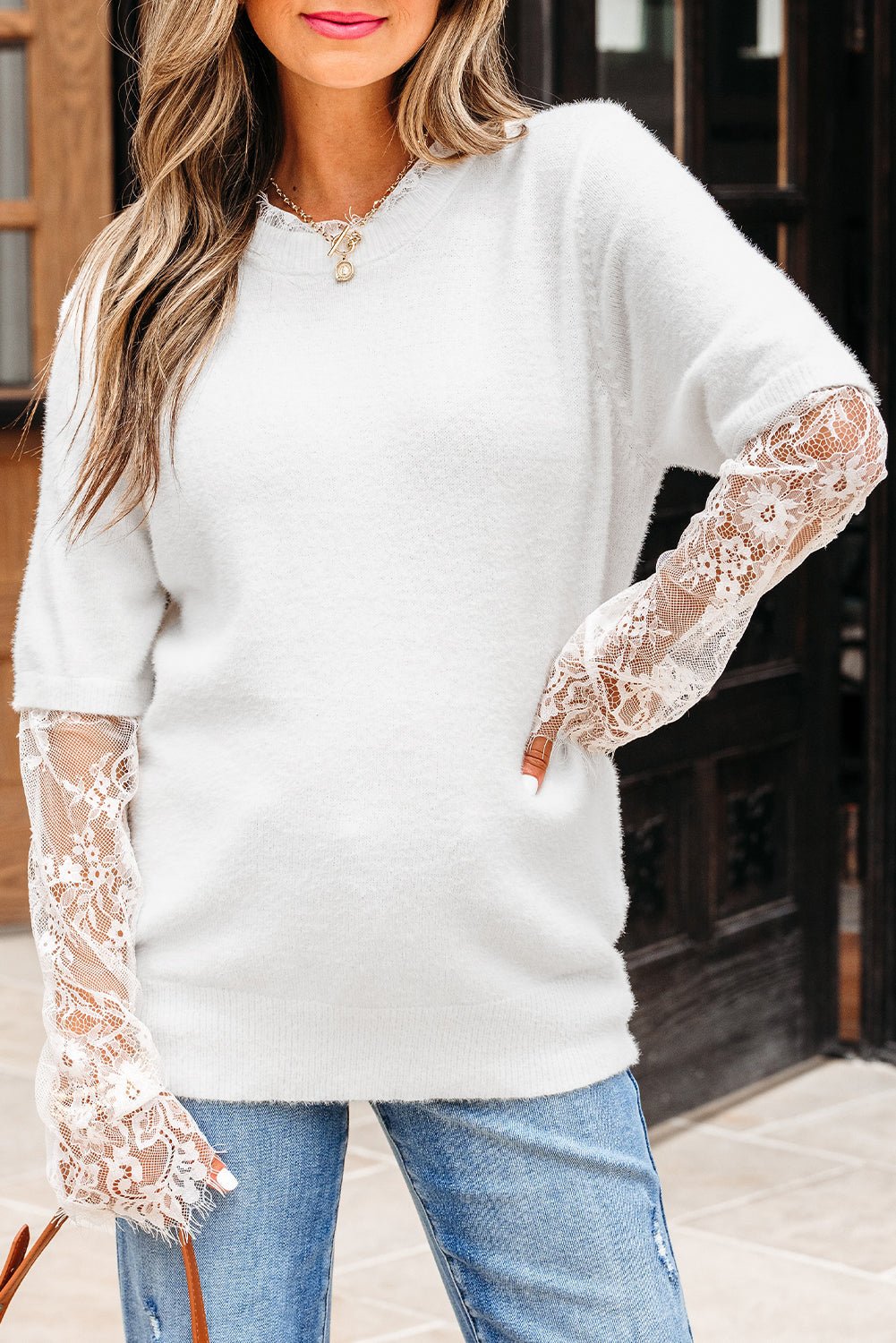 Lace Patchwork Sleeve Faux Two-Piece Fuzzy Sweater - Rooted & Reckless Co.
