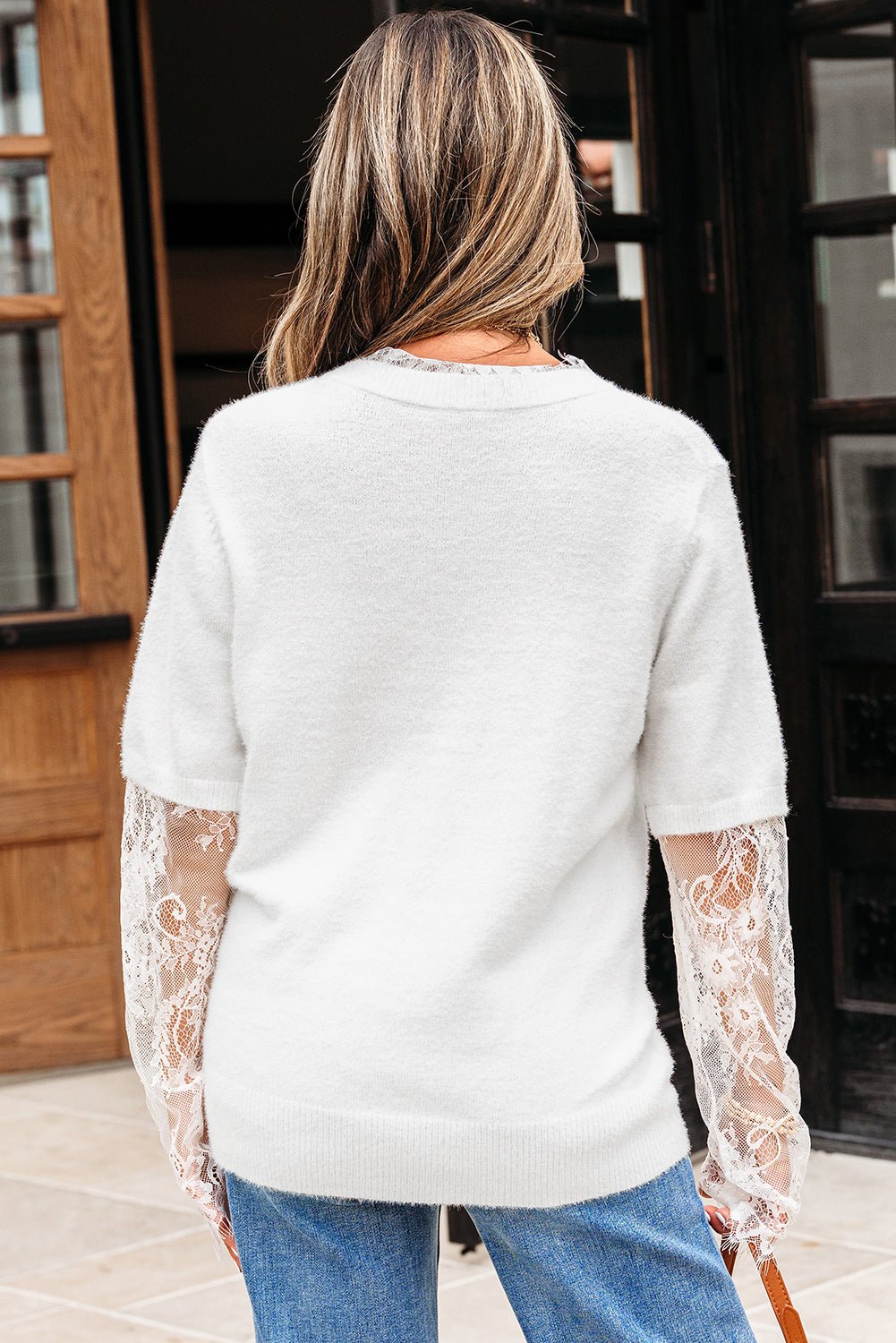 Lace Patchwork Sleeve Faux Two-Piece Fuzzy Sweater - Rooted & Reckless Co.