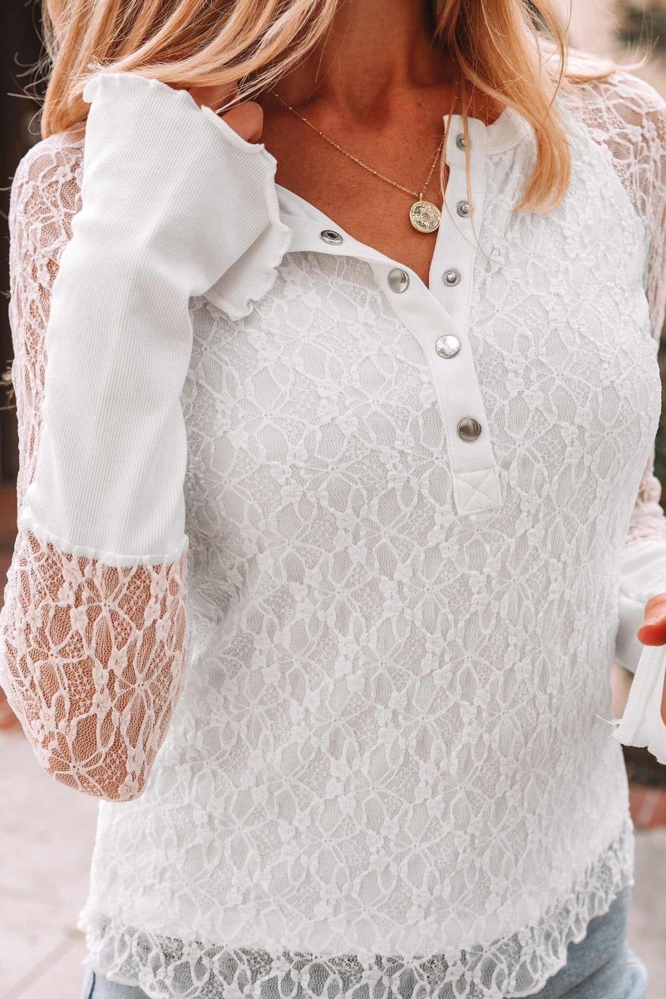 Lace Sheer Long Sleeve Henley Top - Rooted & Reckless Co.