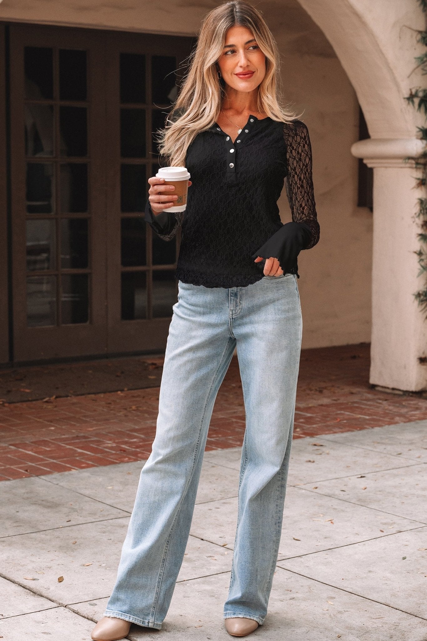 Lace Sheer Long Sleeve Henley Top - Rooted & Reckless Co.