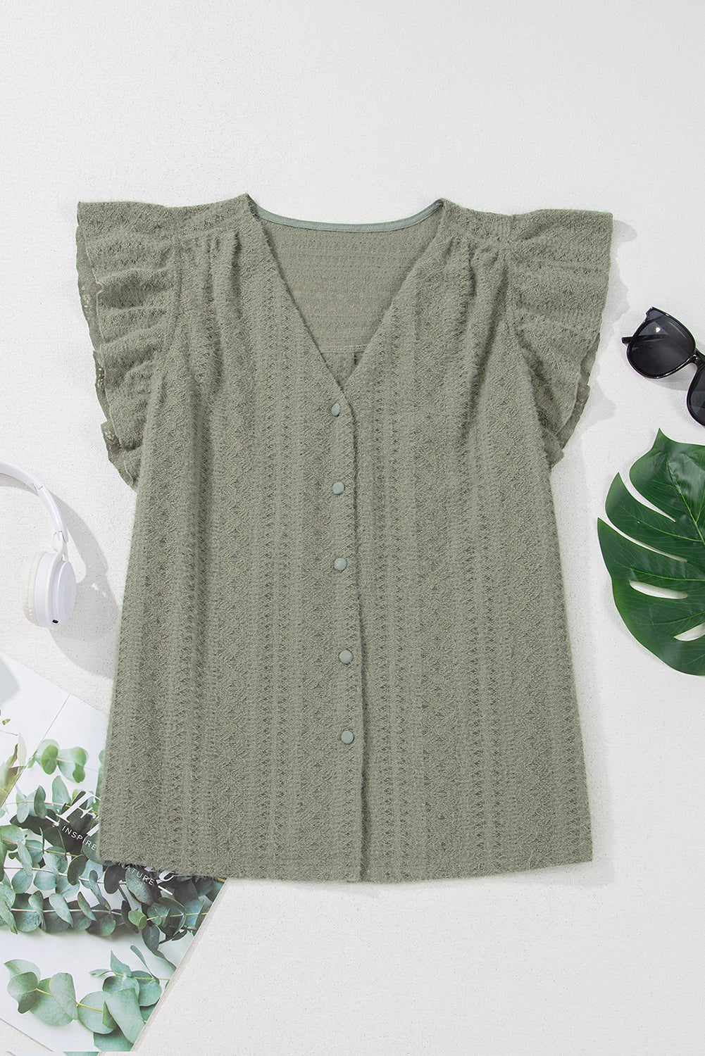 Lace Textured Flutter Sleeve Buttoned V-Neck Shirt - Rooted & Reckless Co.