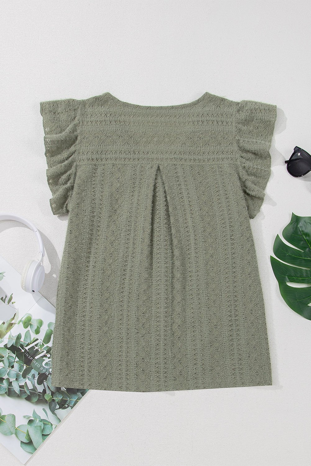 Lace Textured Flutter Sleeve Buttoned V-Neck Shirt - Rooted & Reckless Co.