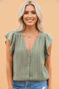 Lace Textured Flutter Sleeve Buttoned V-Neck Shirt - Rooted & Reckless Co.