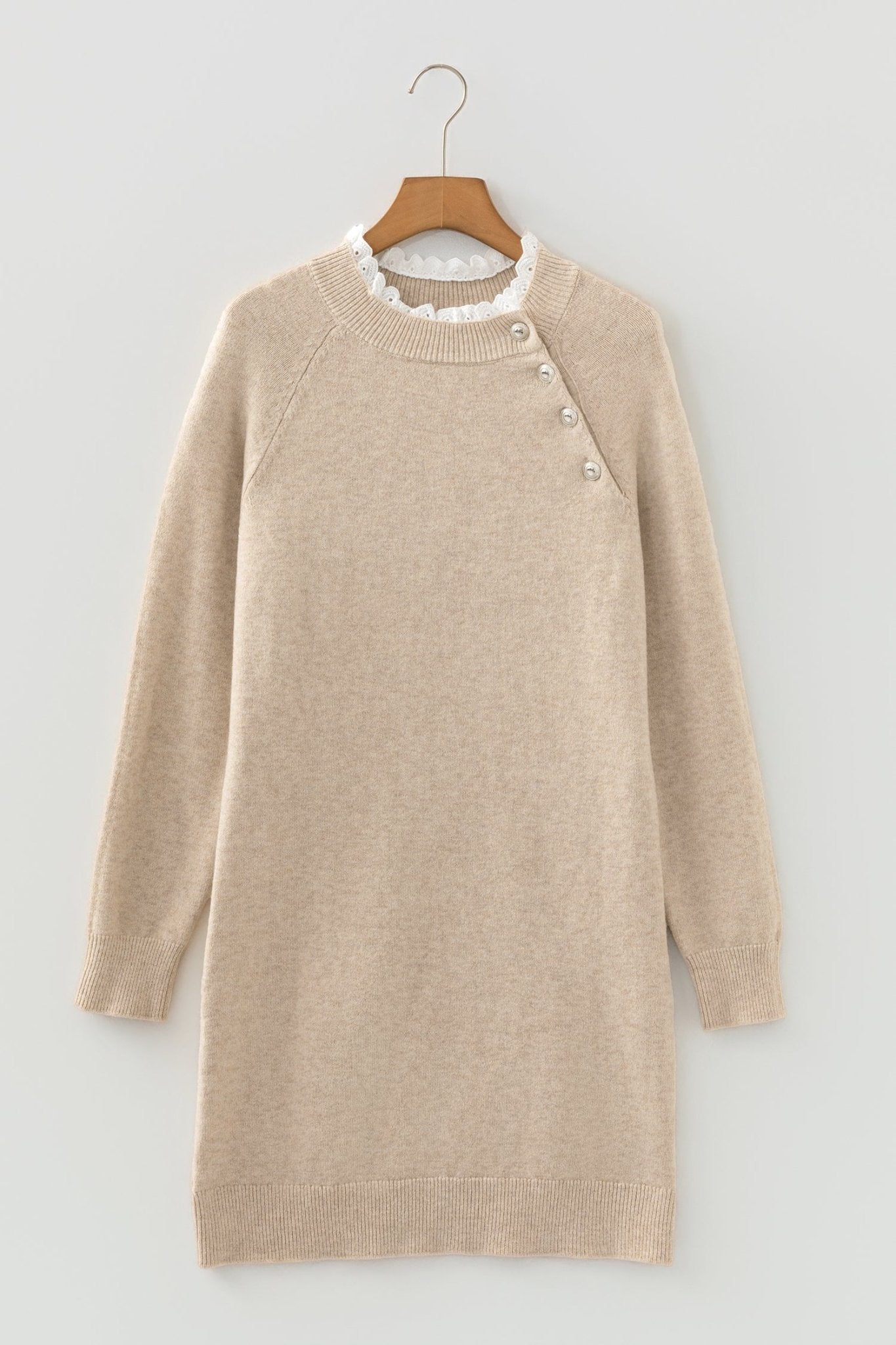 Lace Trim Buttoned Raglan Sleeve Sweater Dress - Rooted & Reckless Co.