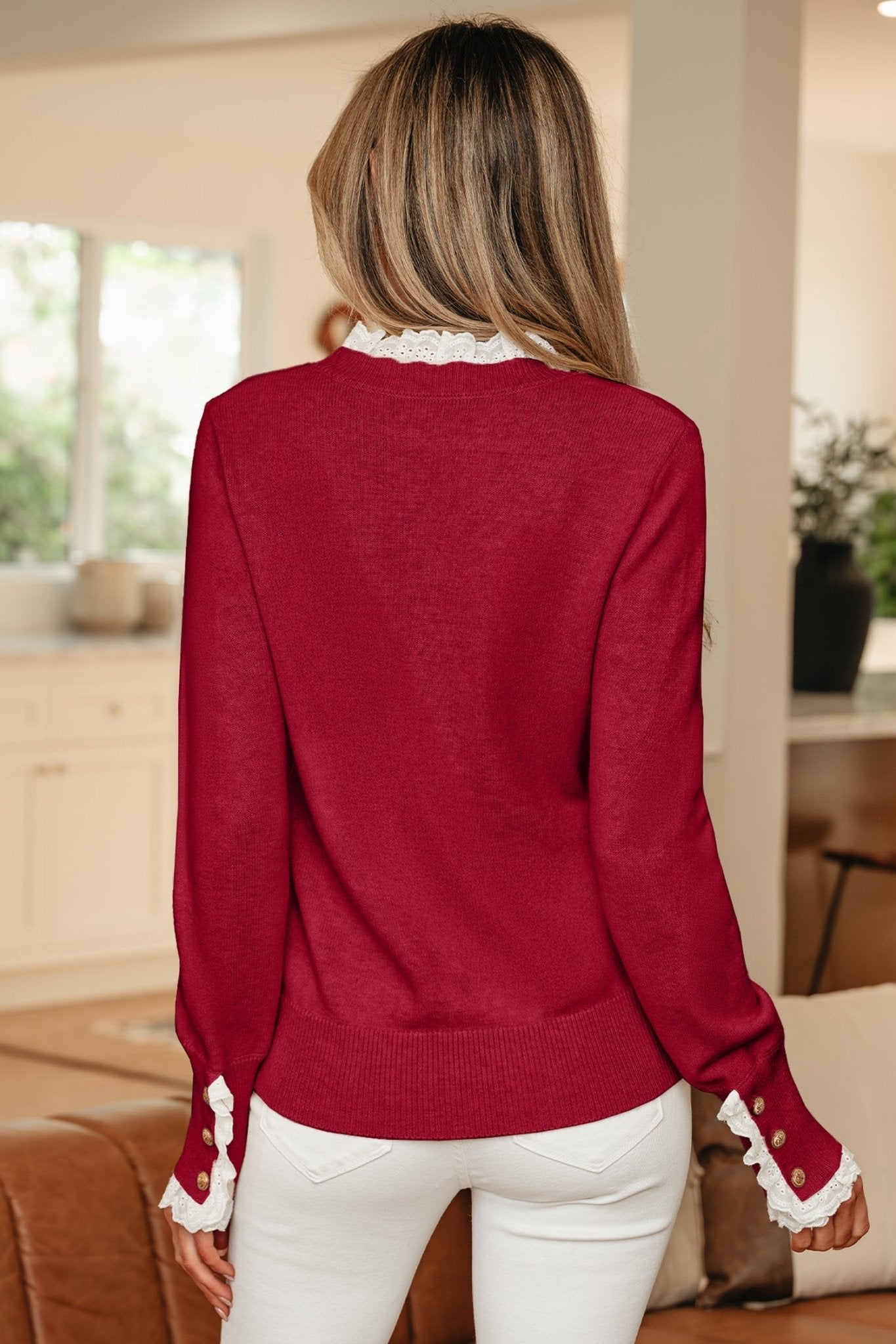 Lace Trim Patchwork Buttoned Cuff Sweater - Rooted & Reckless Co.