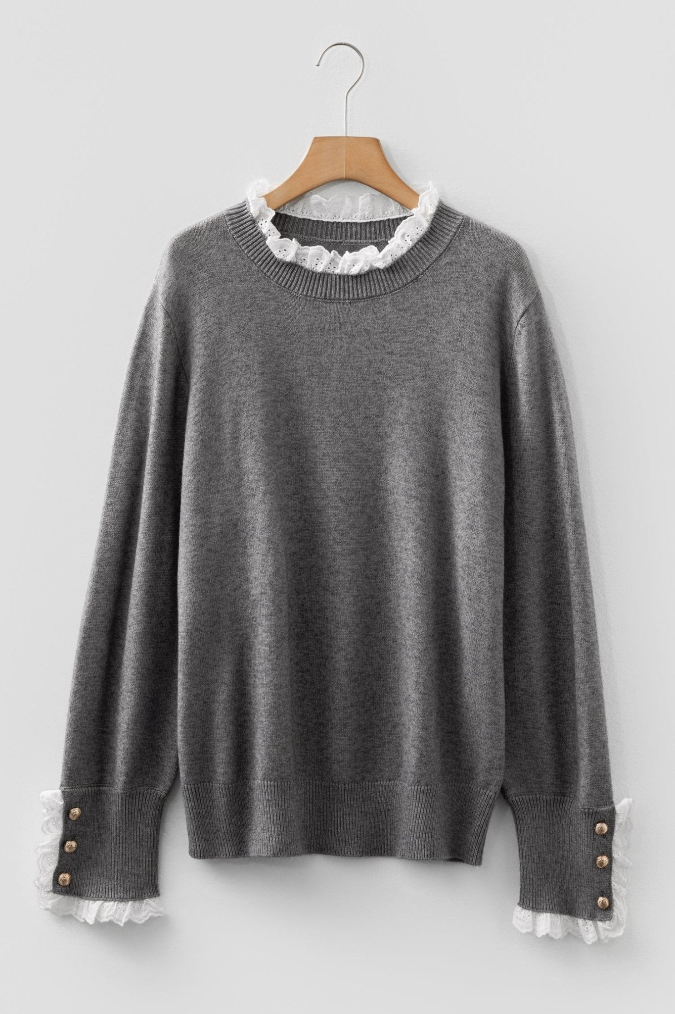Lace Trim Patchwork Buttoned Cuff Sweater - Rooted & Reckless Co.