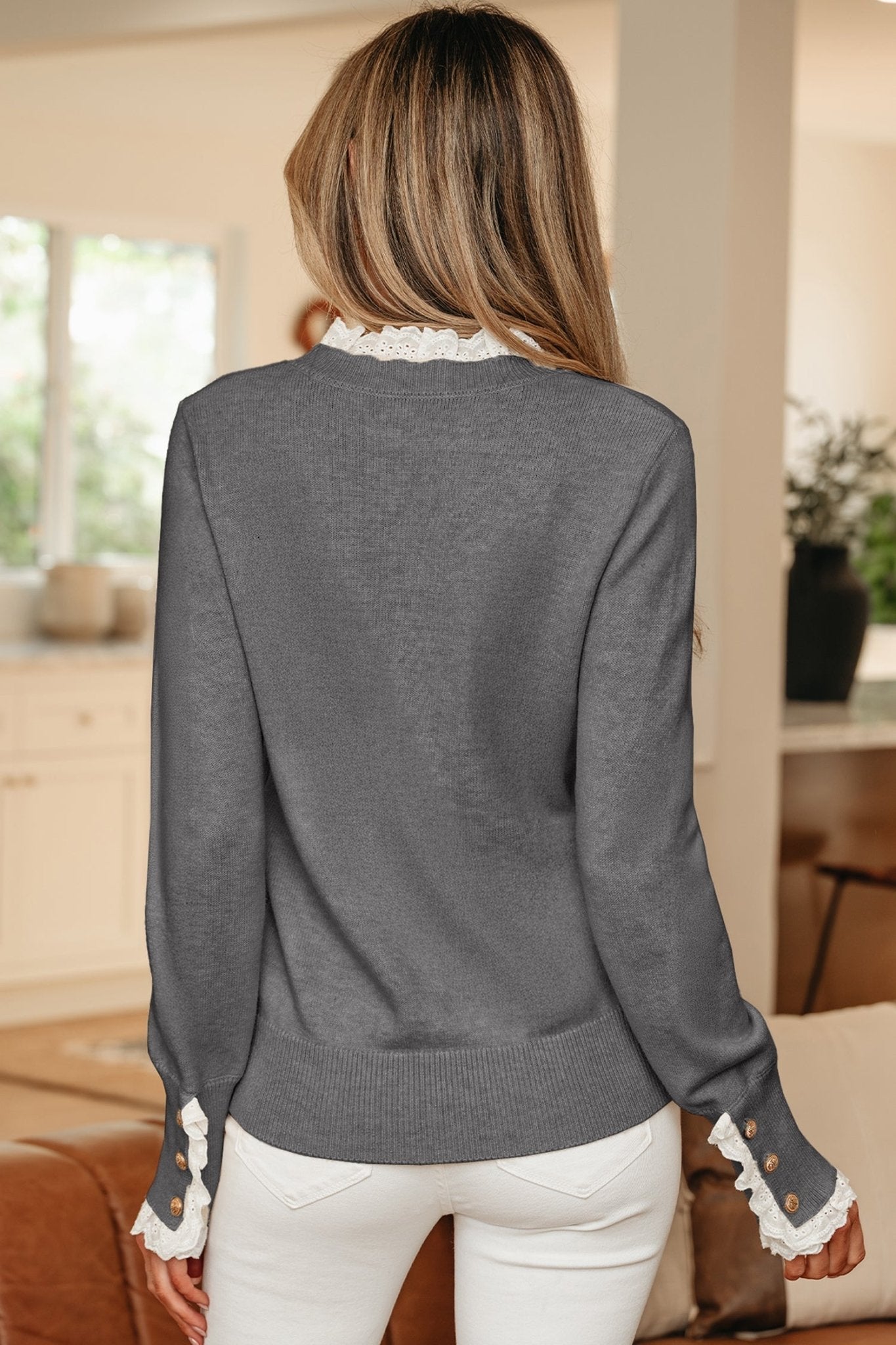 Lace Trim Patchwork Buttoned Cuff Sweater - Rooted & Reckless Co.