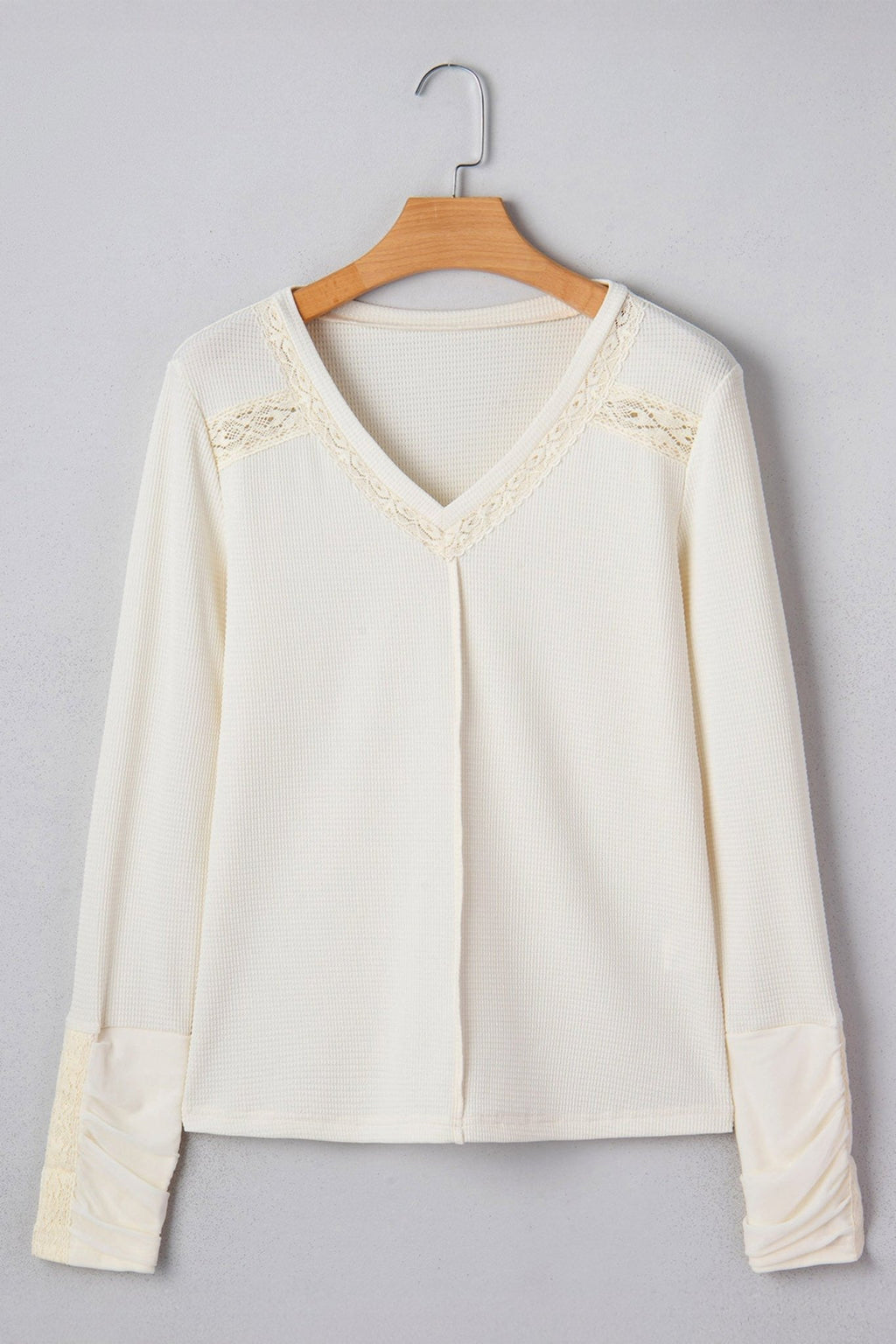 Lace Trim Ruched Long Sleeve V-Neck Thermal Top - Rooted & Reckless Co.