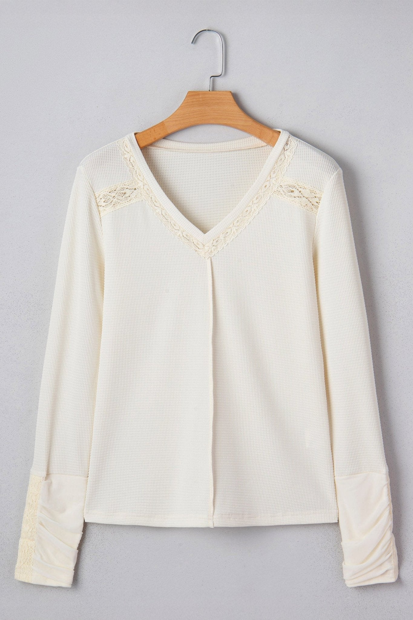 Lace Trim Ruched Long Sleeve V-Neck Thermal Top - Rooted & Reckless Co.