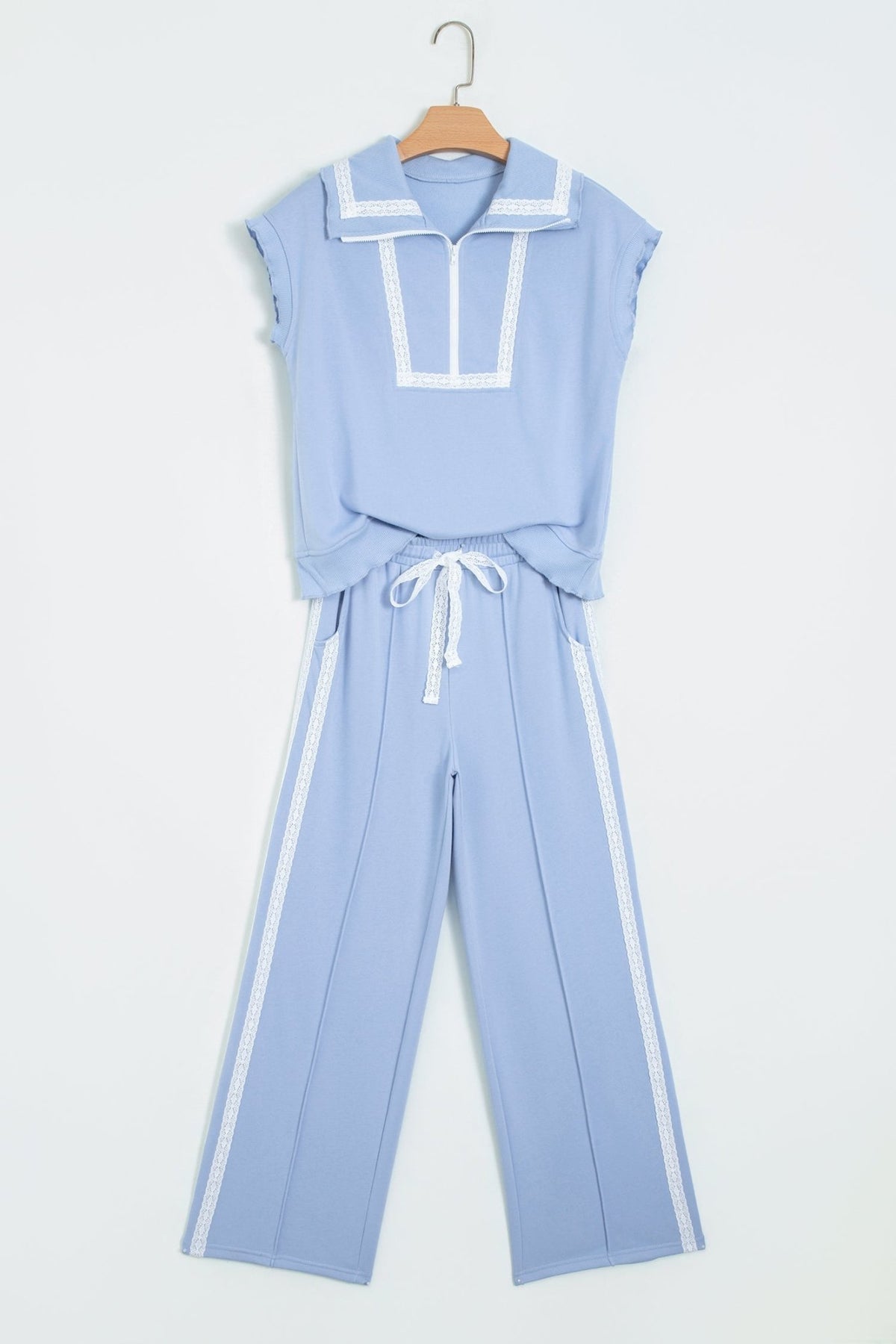 Lace Trim Zipped Top & Sweatpants Set - Rooted & Reckless Co.