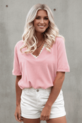 Lacy V-Neckline Short Sleeve Sweater - Rooted & Reckless Co.