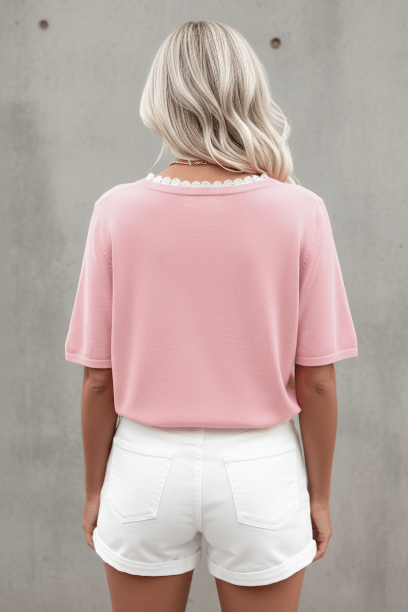 Lacy V-Neckline Short Sleeve Sweater - Rooted & Reckless Co.