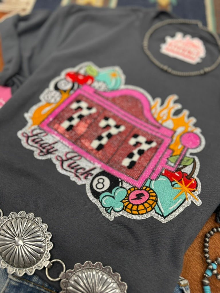 Lady Luck Slot Machine Sequin Patch Tee - Rooted & Reckless Co.