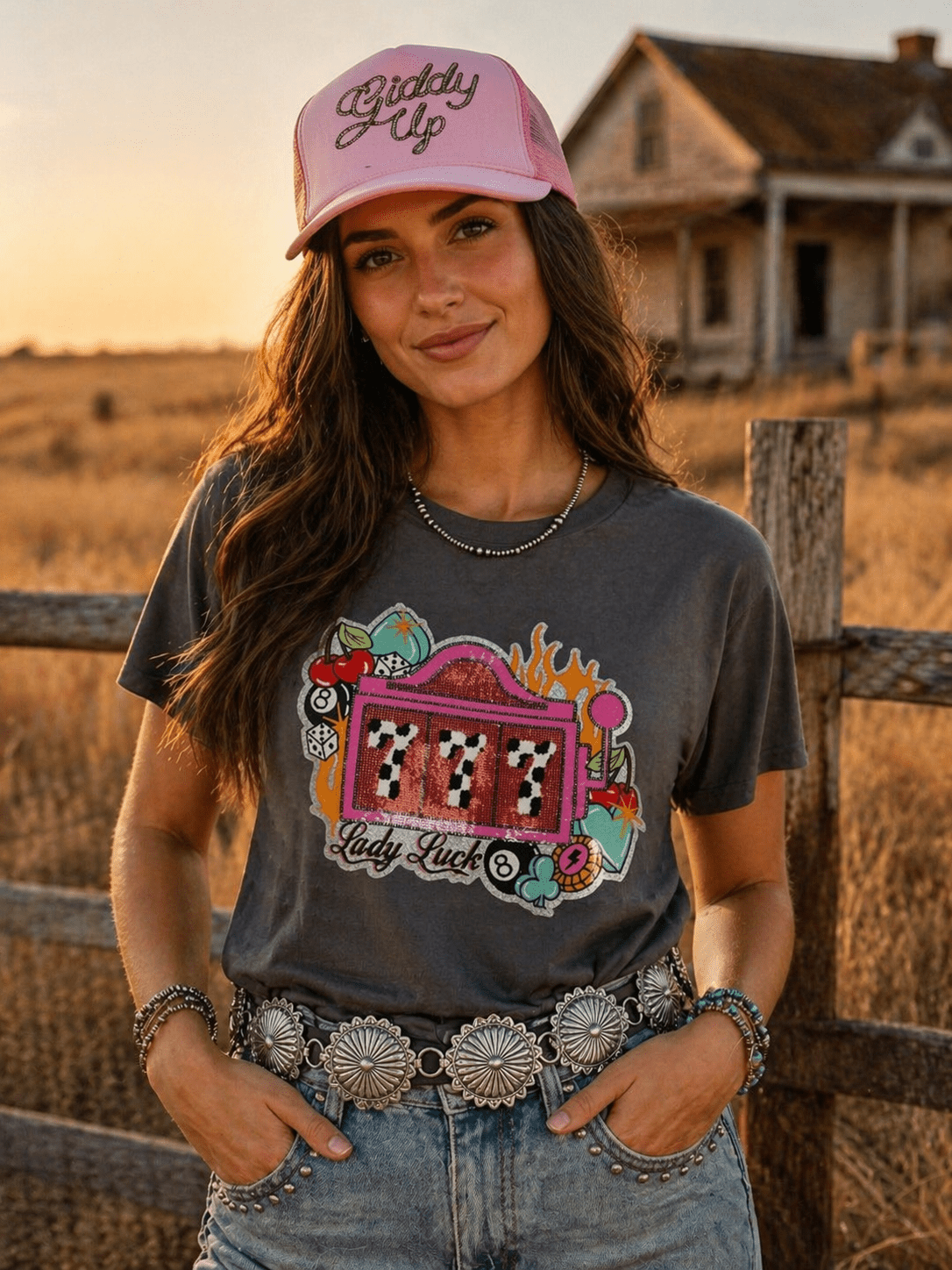 Lady Luck Slot Machine Sequin Patch Tee - Rooted & Reckless Co.