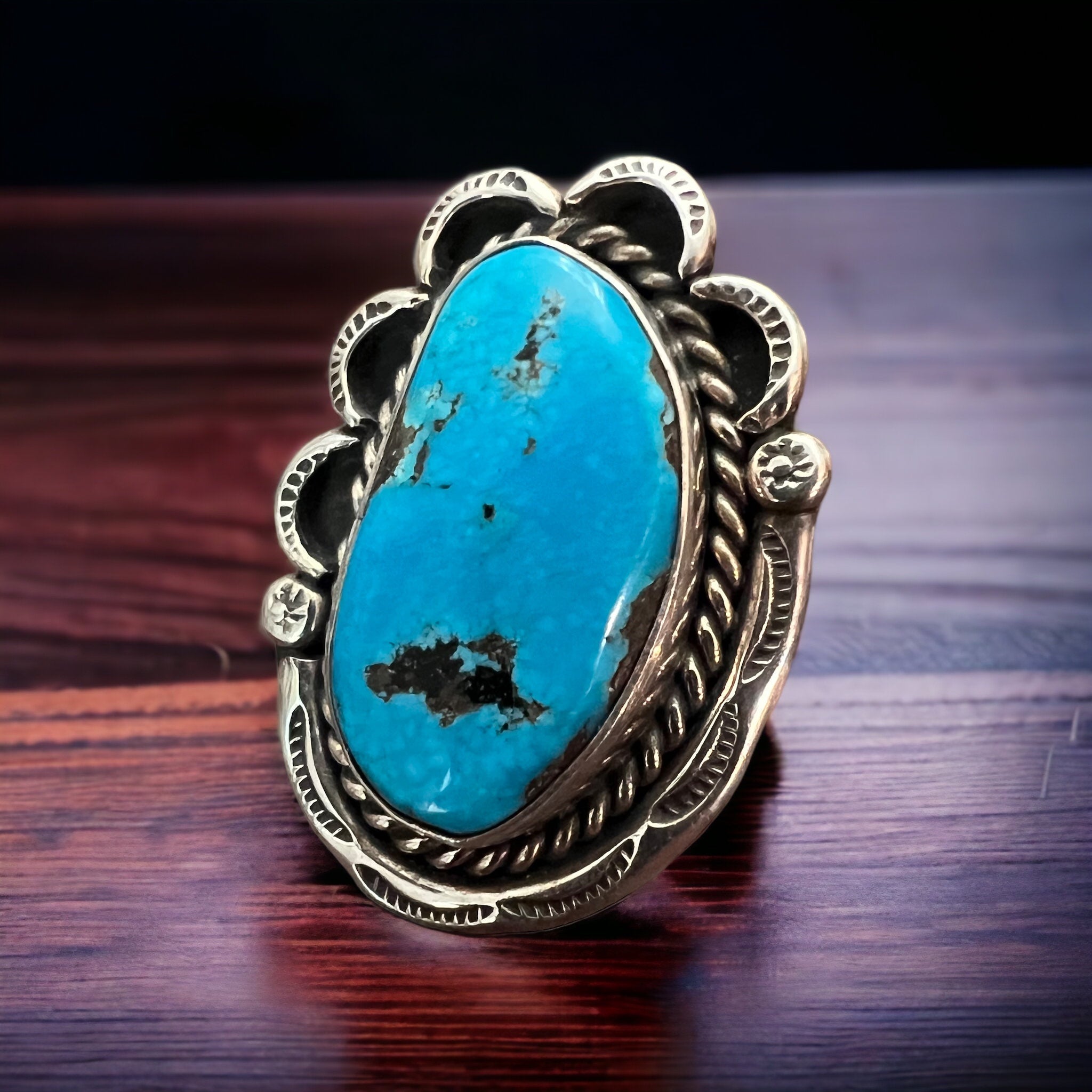 Large Blue Turquoise Cabochon Sterling Silver Statement Ring — Size 7 (1" Wide × 1 1/4" Long) - Rooted & Reckless Co.
