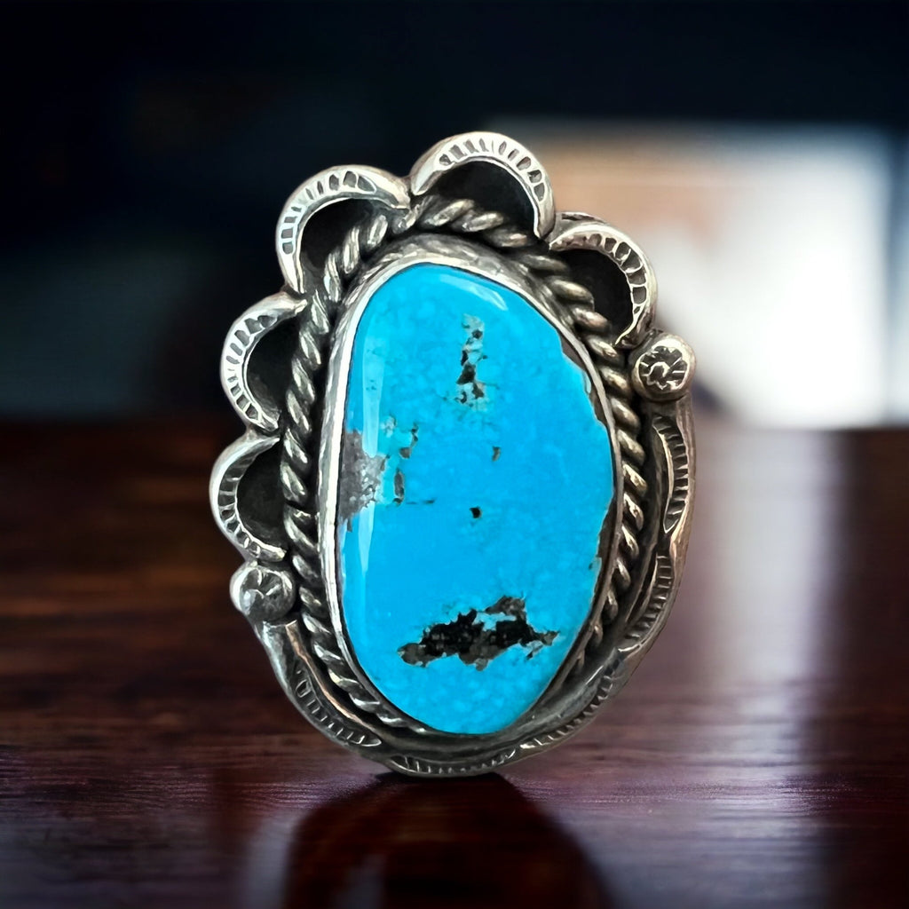 Large Blue Turquoise Cabochon Sterling Silver Statement Ring — Size 7 (1" Wide × 1 1/4" Long) - Rooted & Reckless Co.