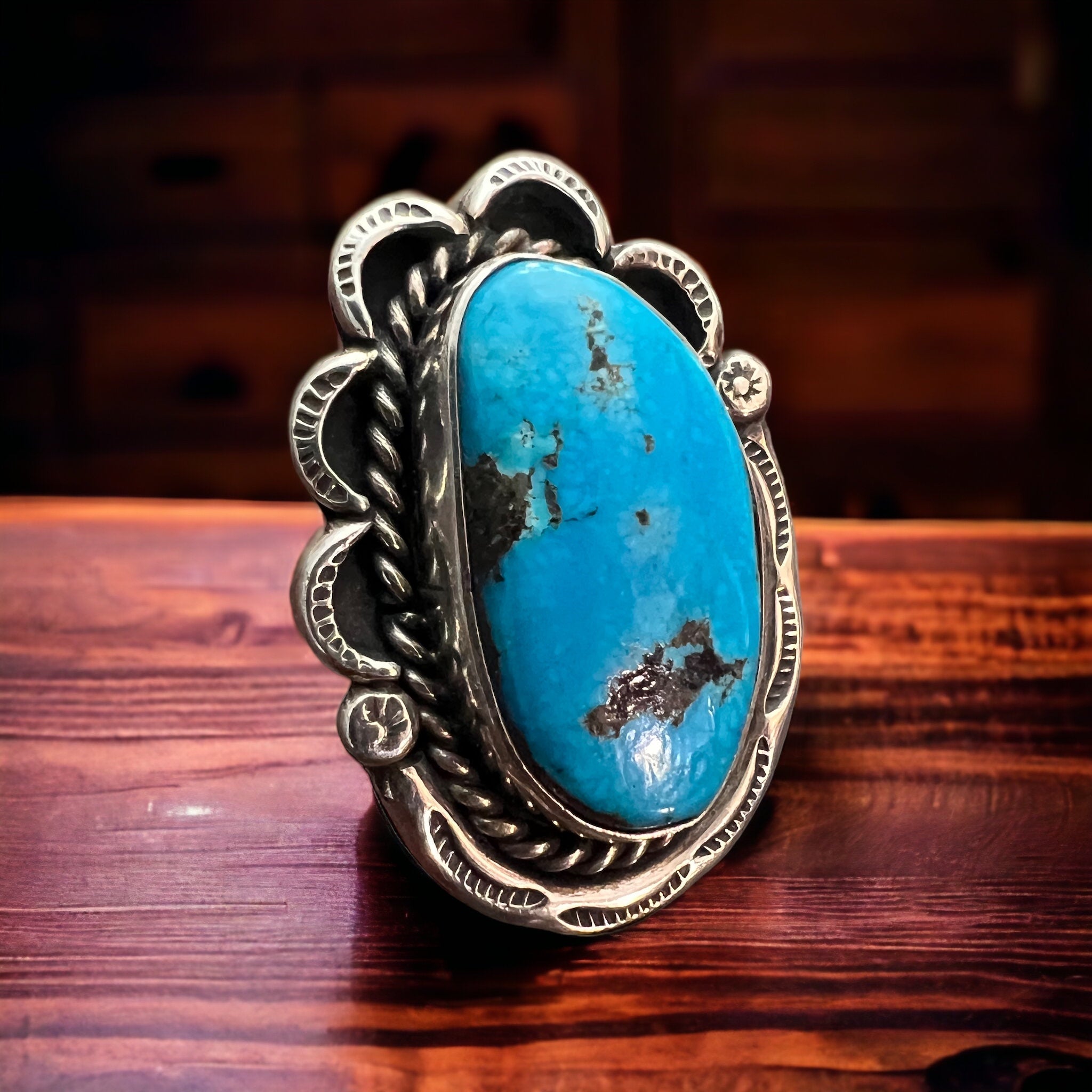 Large Blue Turquoise Cabochon Sterling Silver Statement Ring — Size 7 (1" Wide × 1 1/4" Long) - Rooted & Reckless Co.