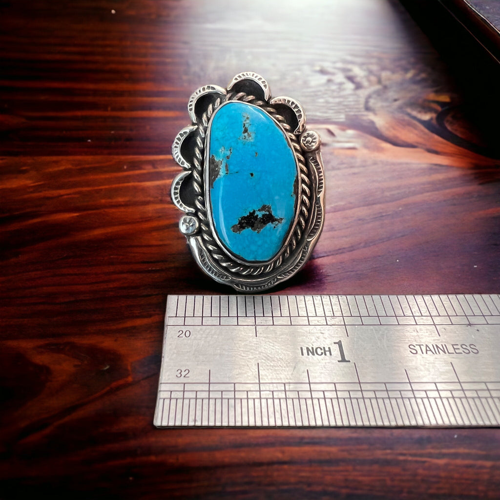 Large Blue Turquoise Cabochon Sterling Silver Statement Ring — Size 7 (1" Wide × 1 1/4" Long) - Rooted & Reckless Co.