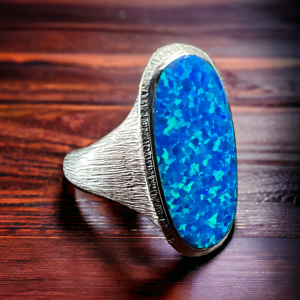 Large Opalite Sterling Silver Statement Ring — Size 8 (Native-Style) - Rooted & Reckless Co.