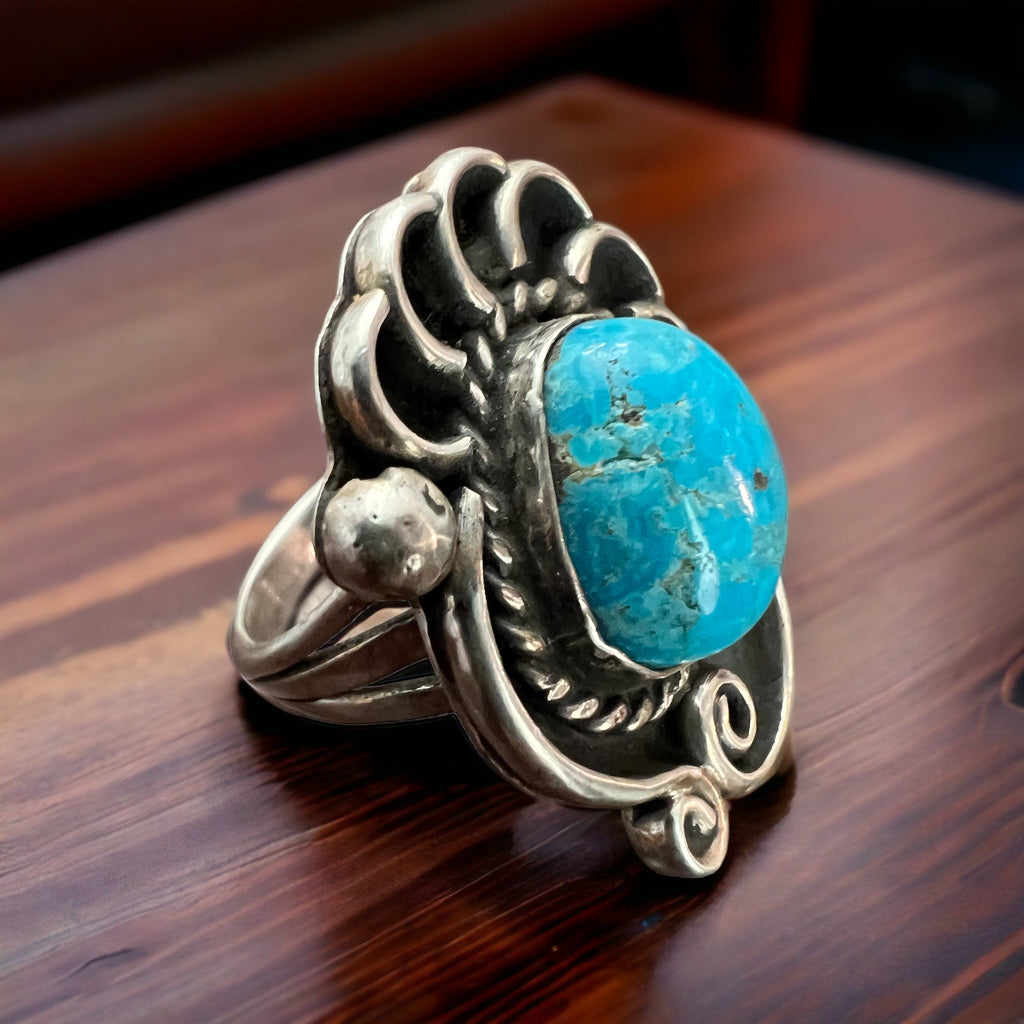 Large Turquoise Cabochon Sterling Silver Shadow Box Ring — Size 6 (Clearance) - Rooted & Reckless Co.
