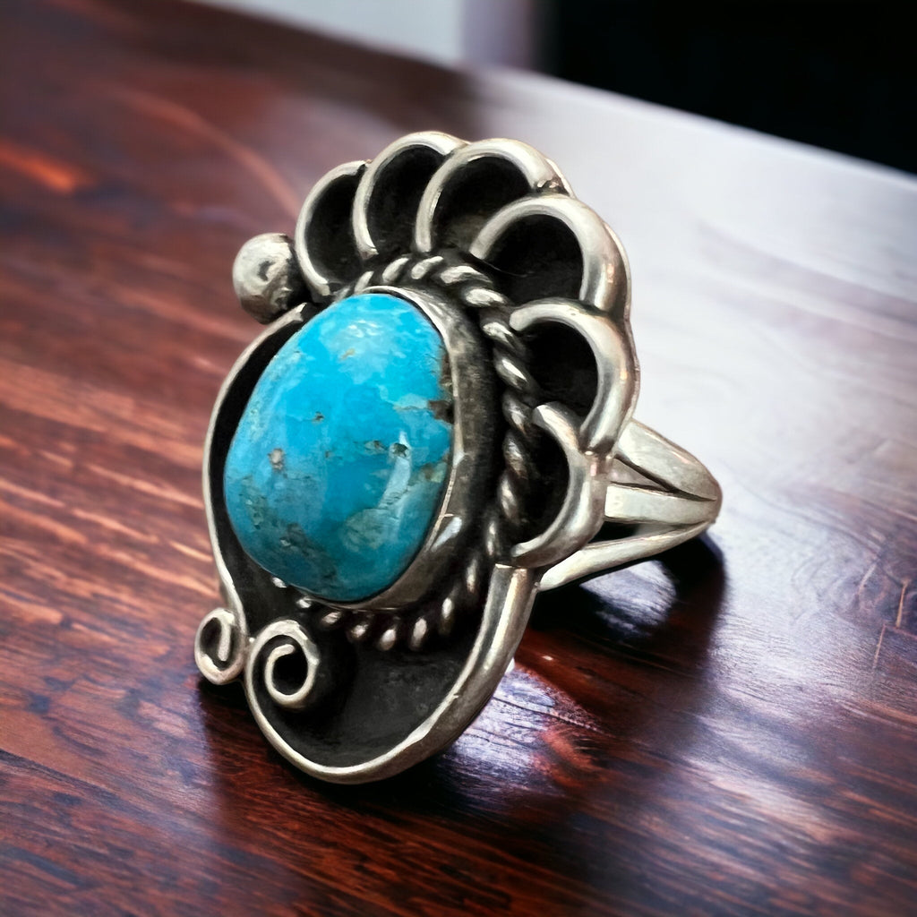Large Turquoise Cabochon Sterling Silver Shadow Box Ring — Size 6 (Clearance) - Rooted & Reckless Co.