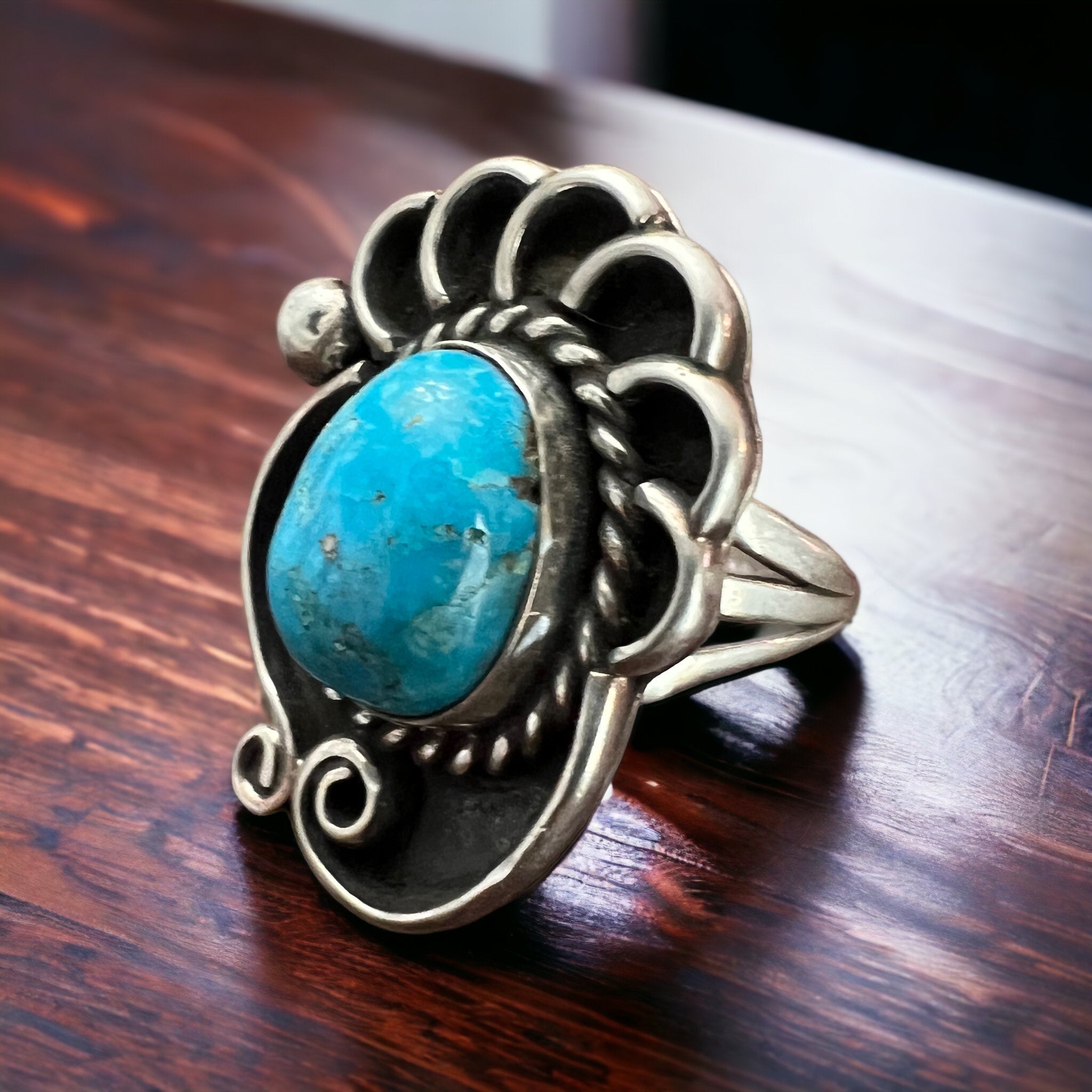 Large Turquoise Cabochon Sterling Silver Shadow Box Ring — Size 6 (Clearance) - Rooted & Reckless Co.