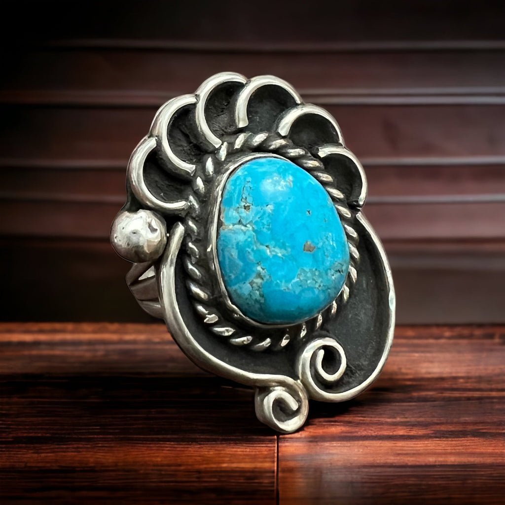 Large Turquoise Cabochon Sterling Silver Shadow Box Ring — Size 6 (Clearance) - Rooted & Reckless Co.