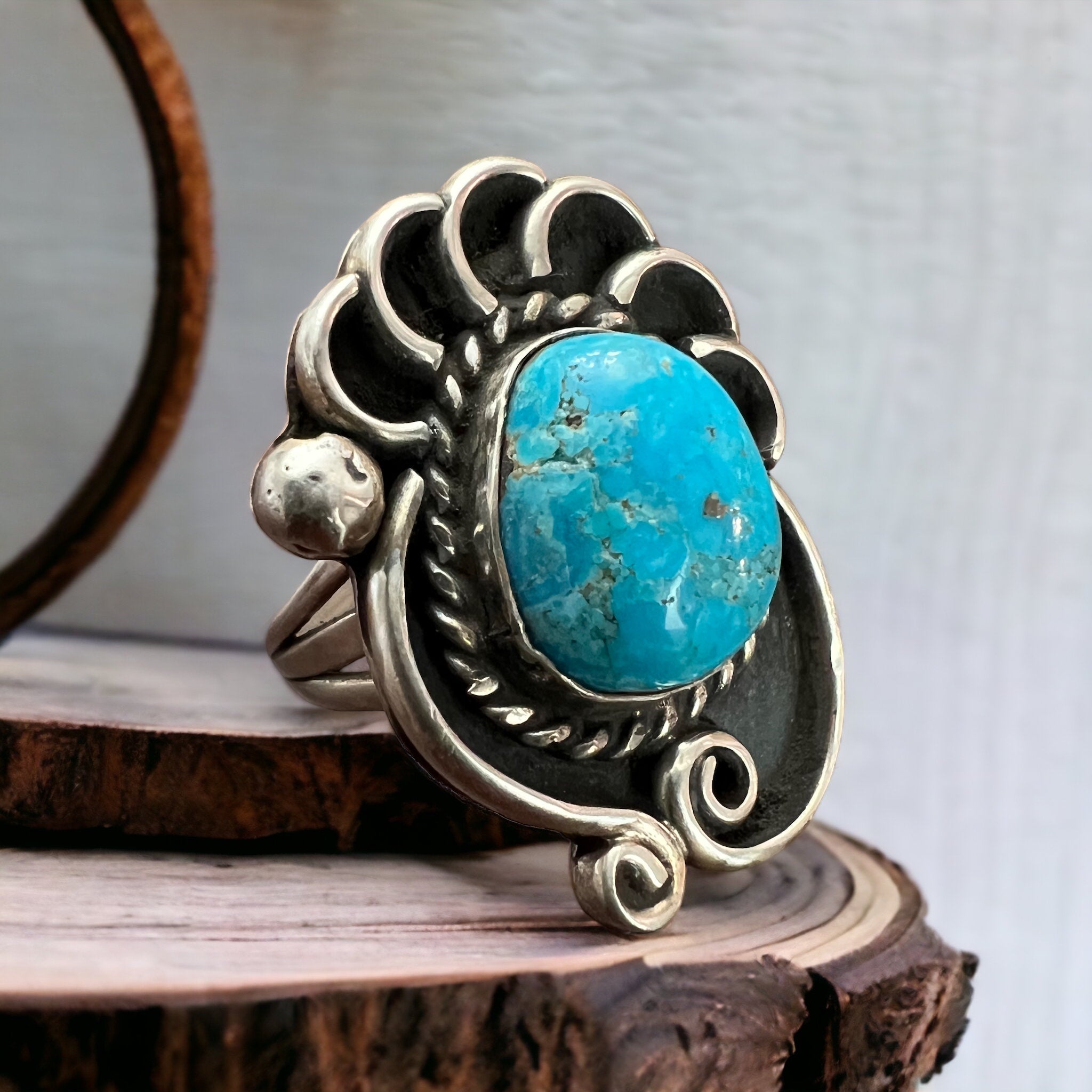 Large Turquoise Cabochon Sterling Silver Shadow Box Ring — Size 6 (Clearance) - Rooted & Reckless Co.