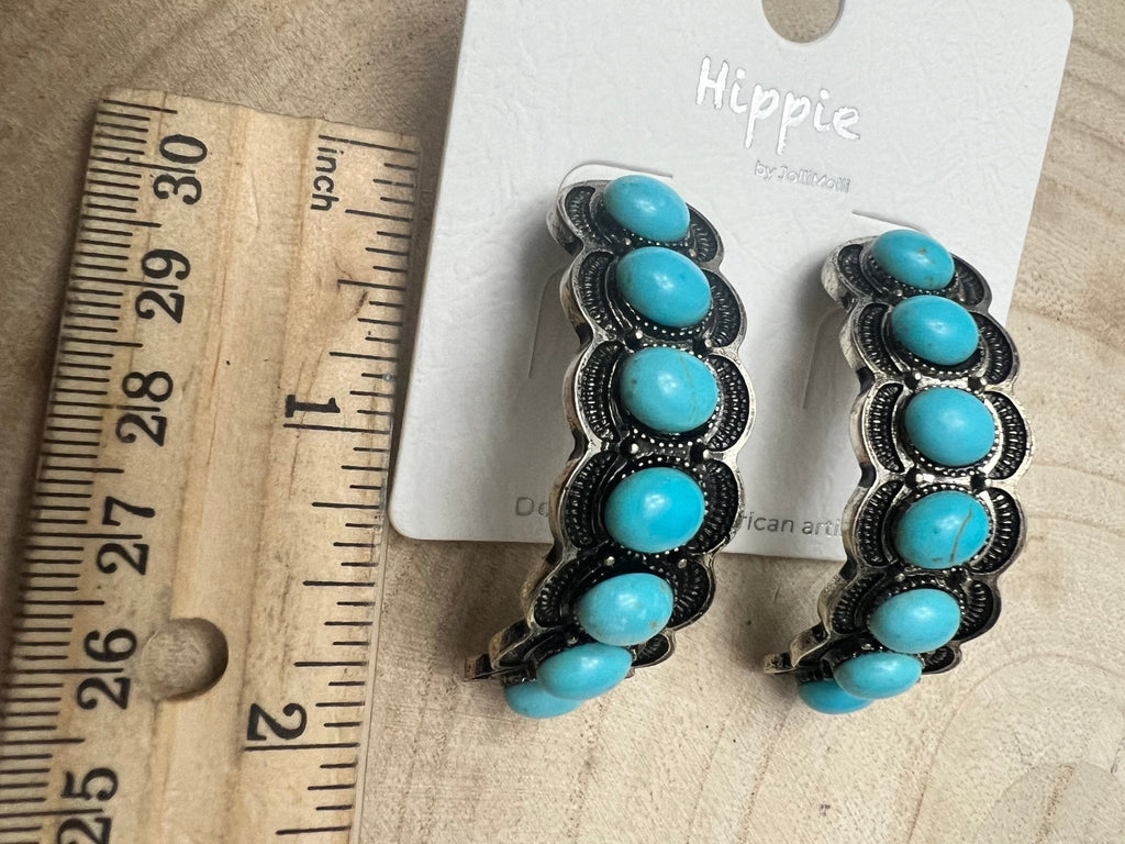Large Western Faux Turquoise Hoop Earrings — Oxidized Stamped 2" Hoop - Rooted & Reckless Co.
