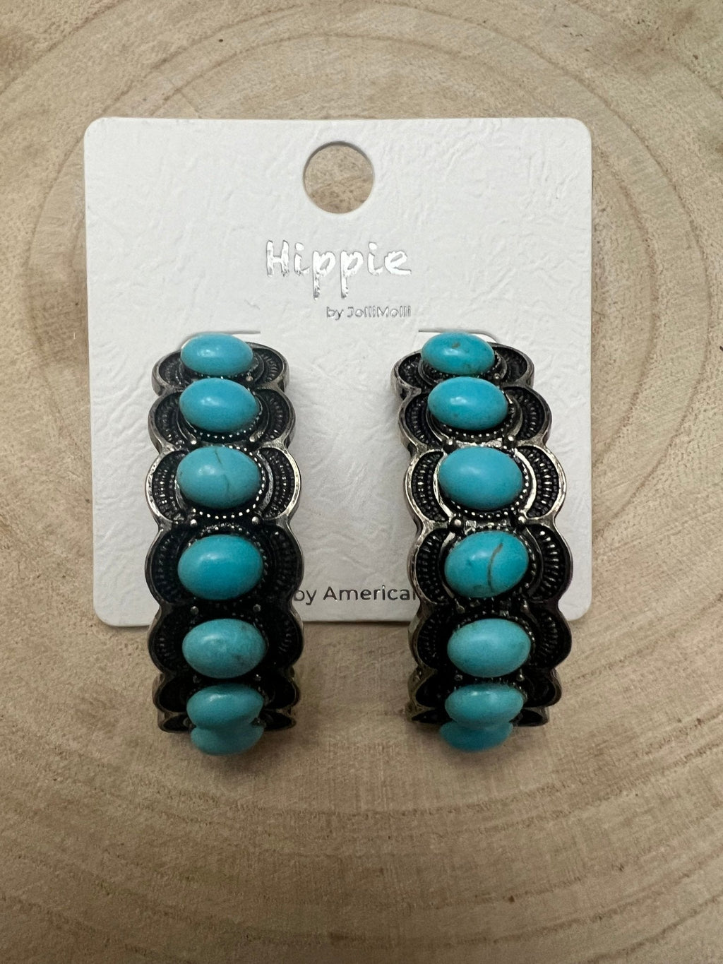 Large Western Faux Turquoise Hoop Earrings — Oxidized Stamped 2" Hoop - Rooted & Reckless Co.