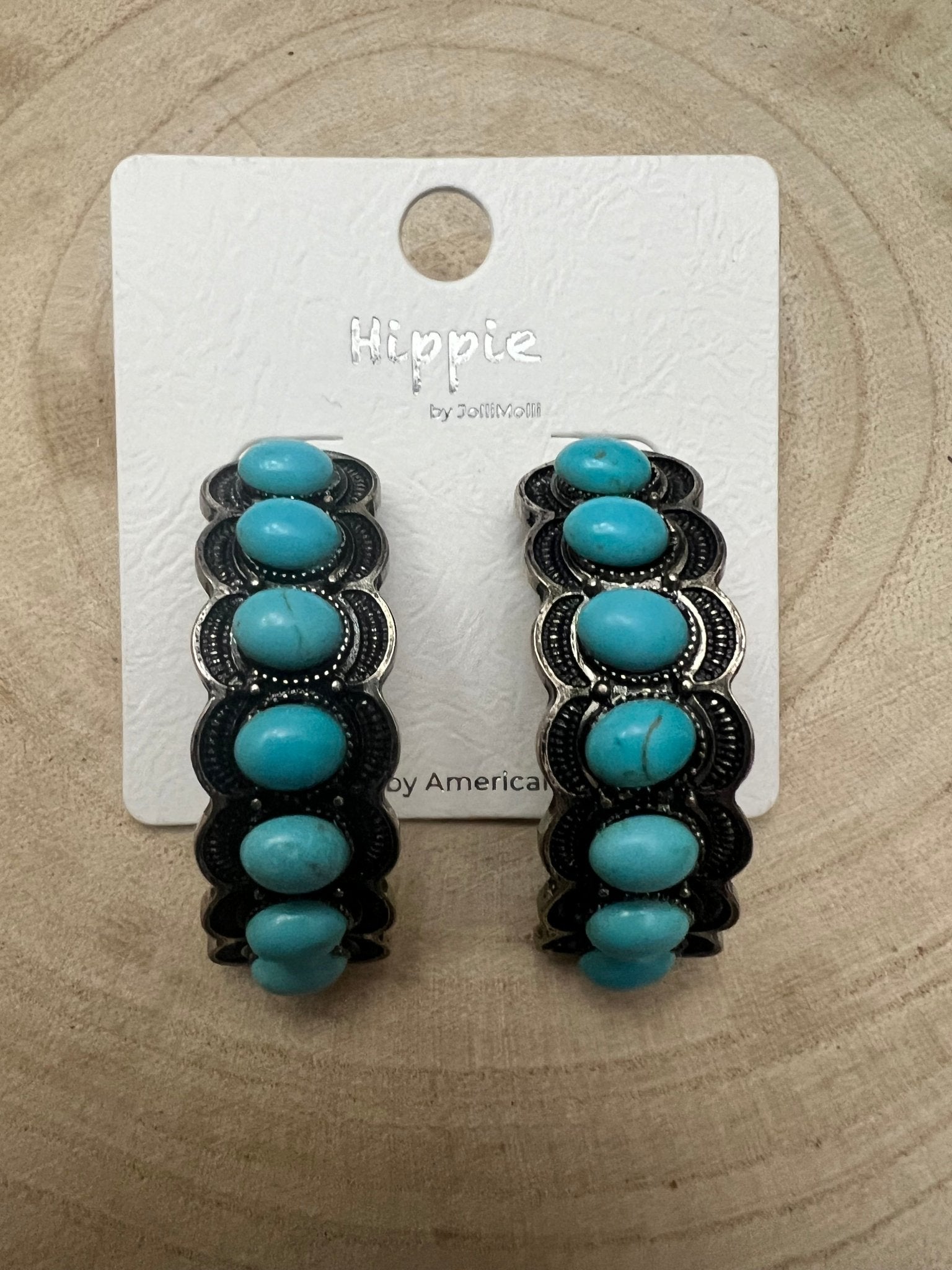 Large Western Faux Turquoise Hoop Earrings — Oxidized Stamped 2" Hoop - Rooted & Reckless Co.