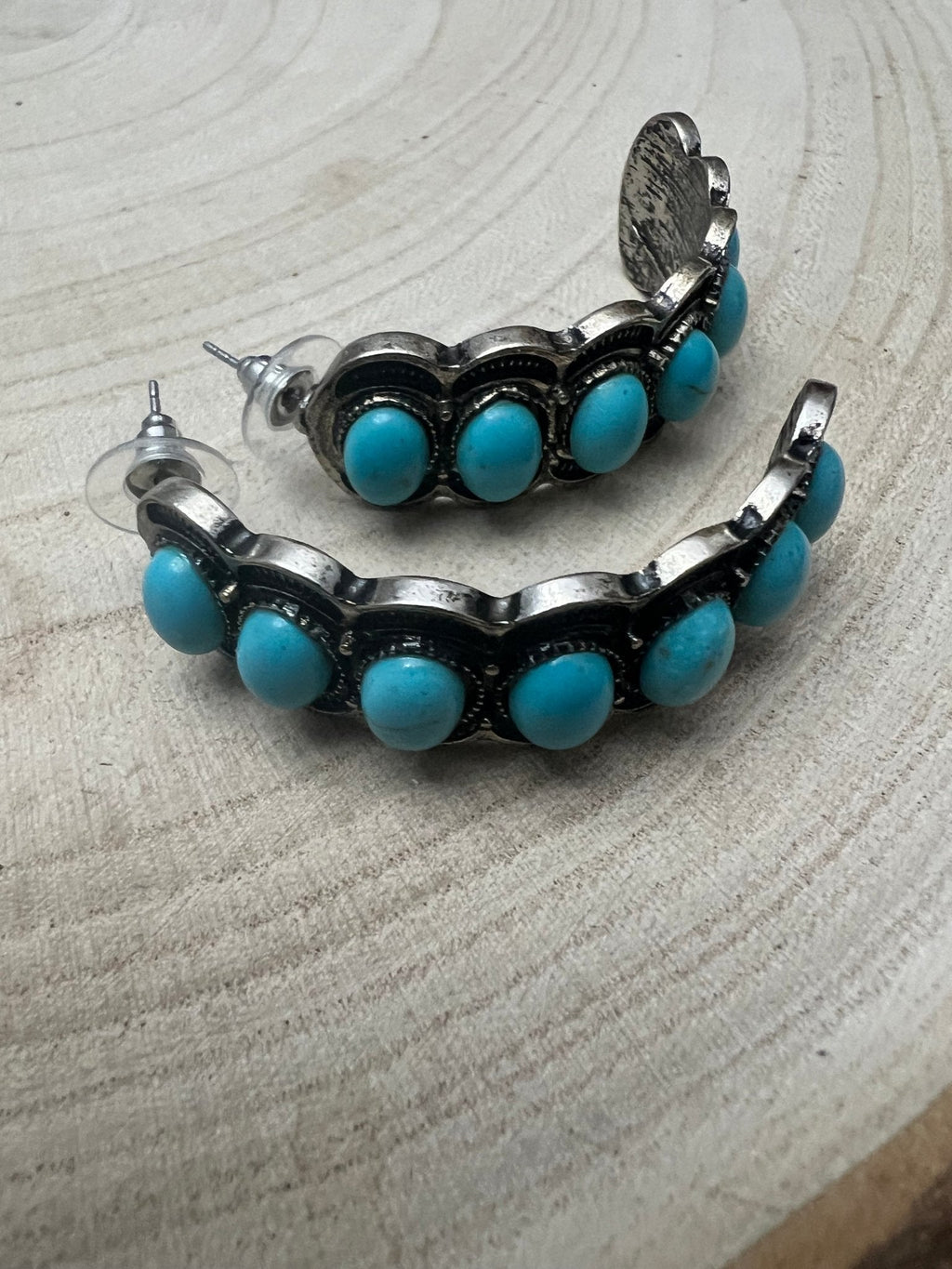 Large Western Faux Turquoise Hoop Earrings — Oxidized Stamped 2" Hoop - Rooted & Reckless Co.