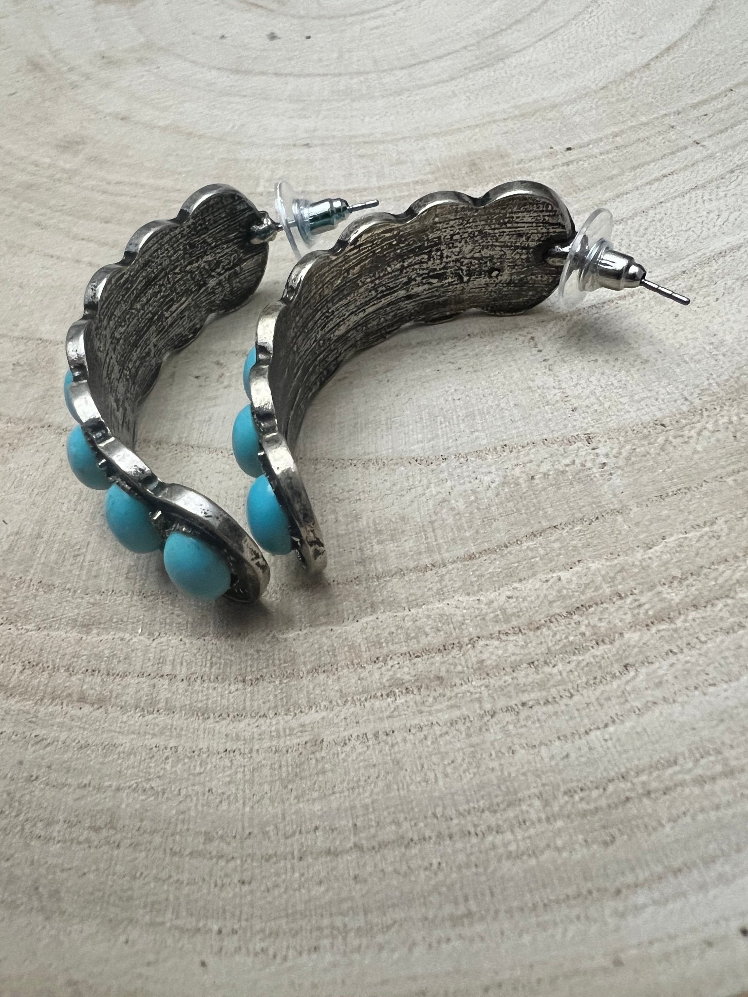 Large Western Faux Turquoise Hoop Earrings — Oxidized Stamped 2" Hoop - Rooted & Reckless Co.