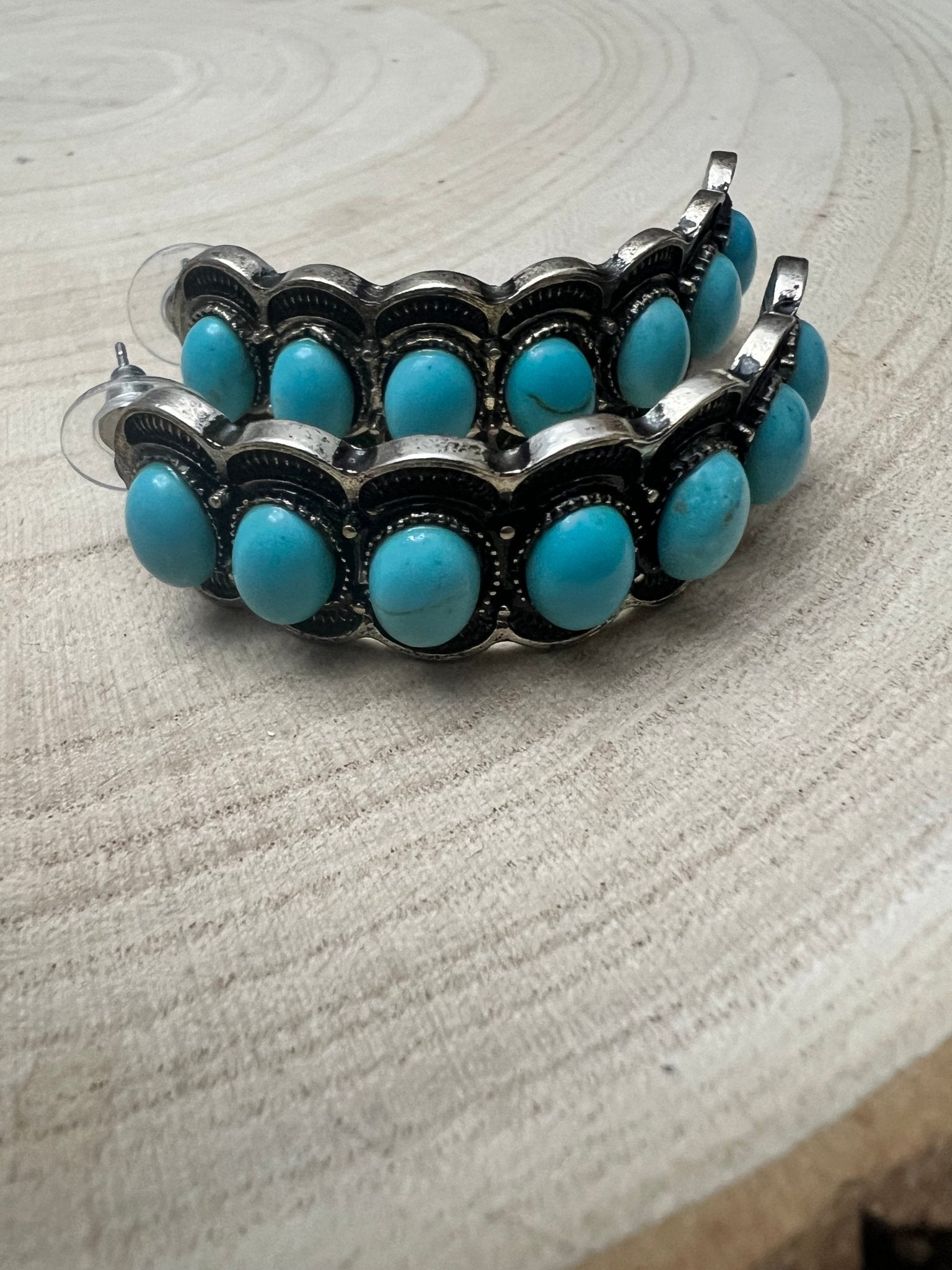 Large Western Faux Turquoise Hoop Earrings — Oxidized Stamped 2" Hoop - Rooted & Reckless Co.