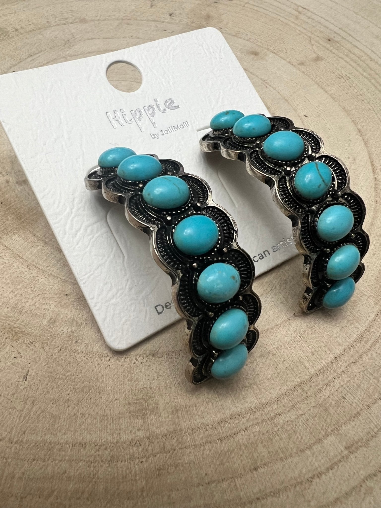 Large Western Faux Turquoise Hoop Earrings — Oxidized Stamped 2" Hoop - Rooted & Reckless Co.