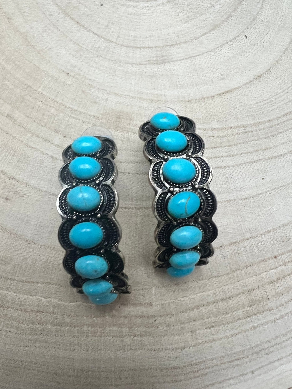 Large Western Faux Turquoise Hoop Earrings — Oxidized Stamped 2" Hoop - Rooted & Reckless Co.